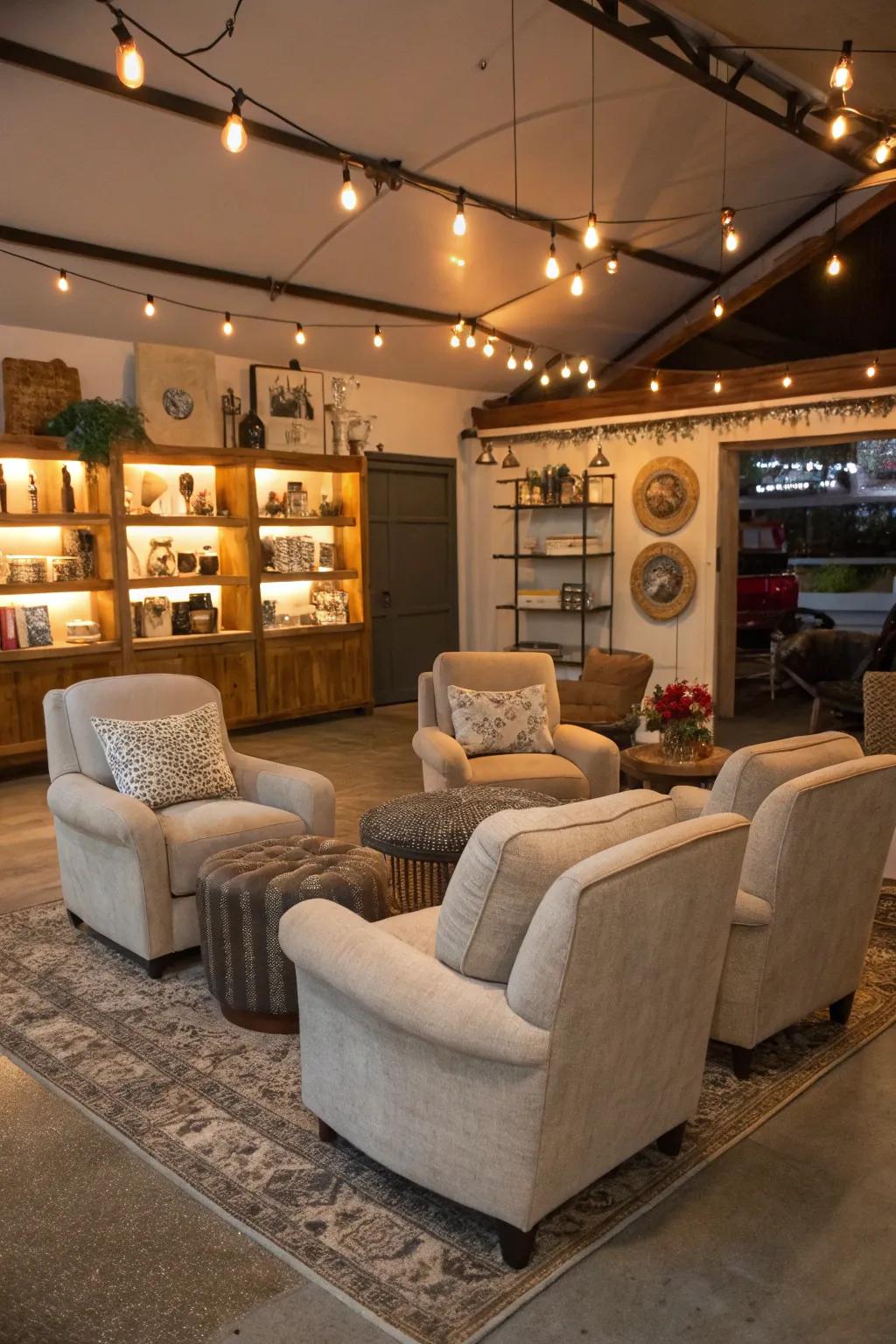 Cozy lounge areas with soft chairs inside a garage boutique.