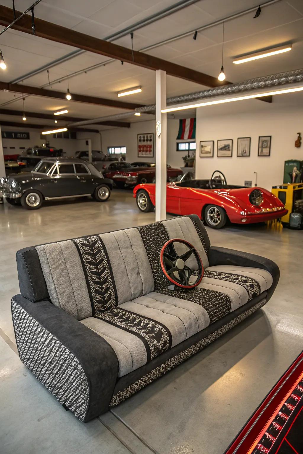 Automotive-themed seating celebrates car culture, ideal for garage enthusiasts.
