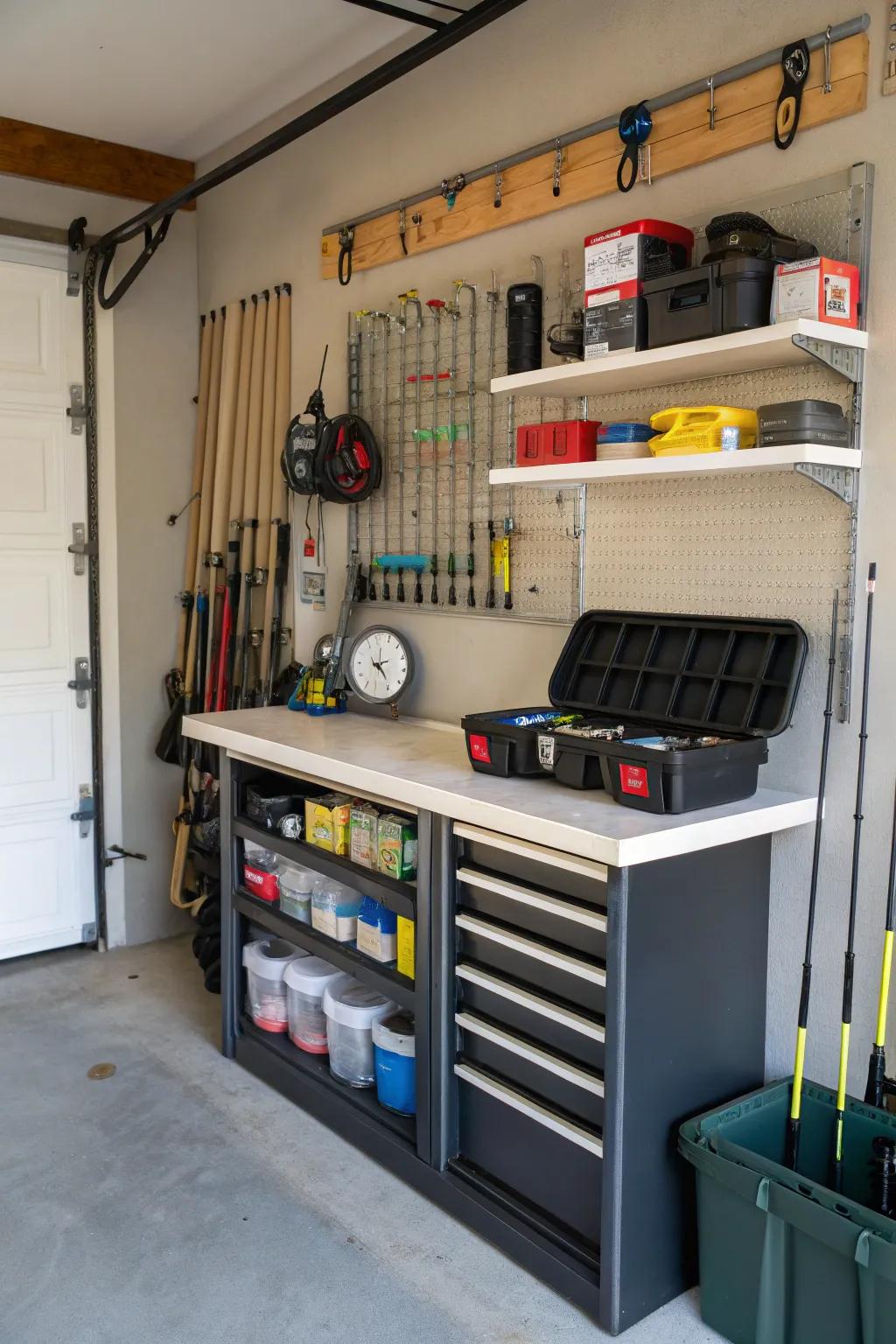 A workbench that folds down is a small way to have a place to work in the garage.