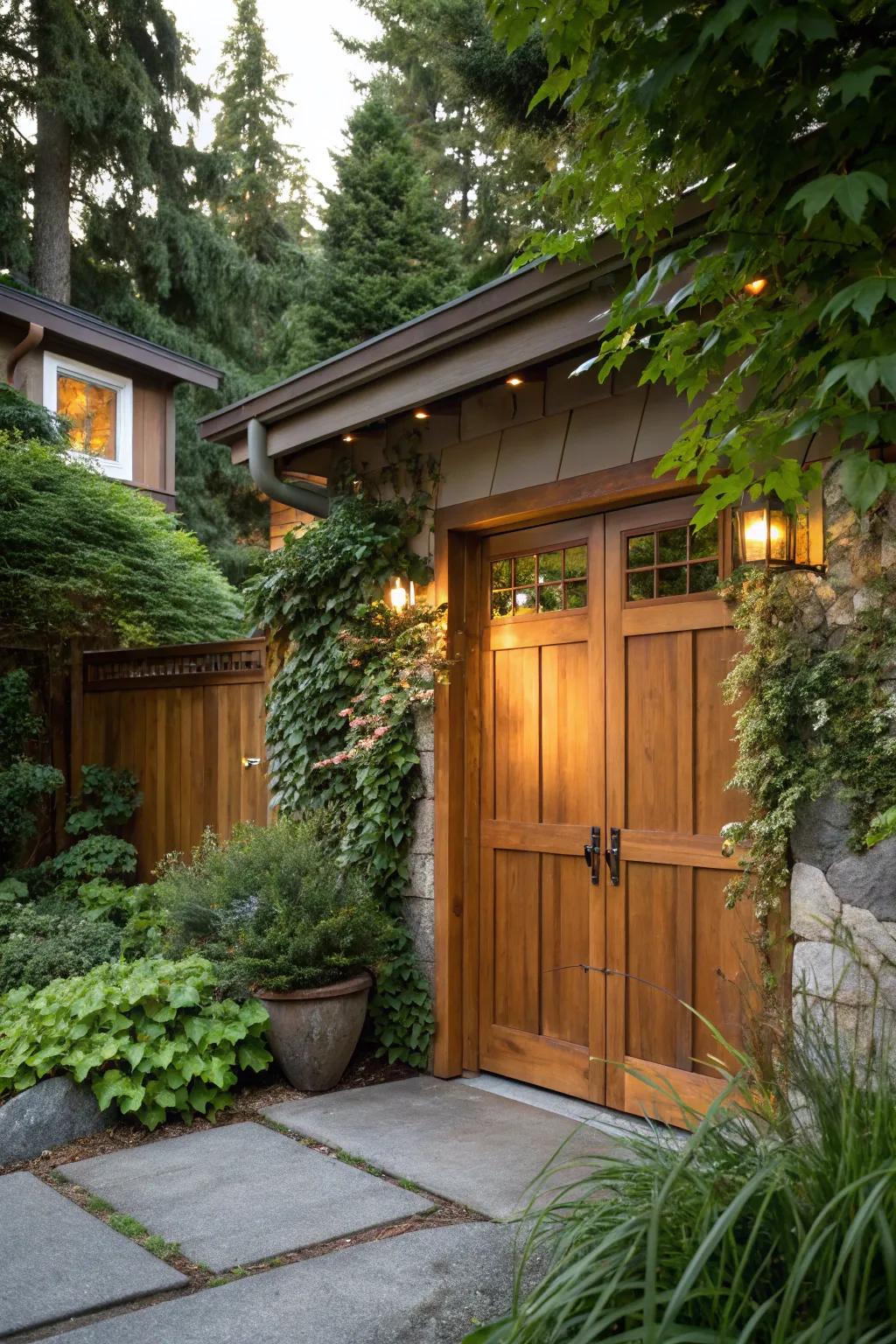 Welcoming wood hues create an inviting entrance.