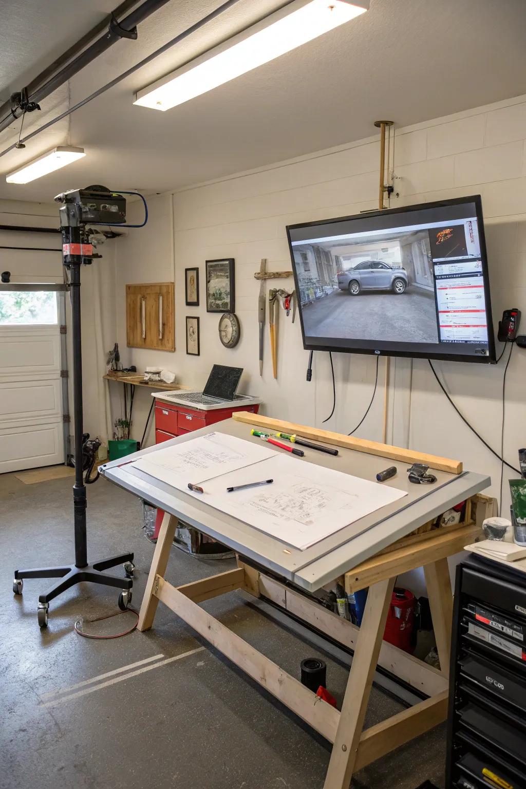 Spark your creativity with a layout station and TV setup in your garage.