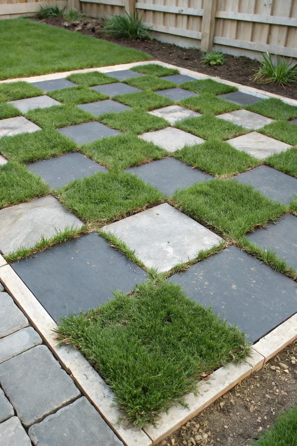 Incorporate a playful twist to your garden with a gridded pattern using stone shards.