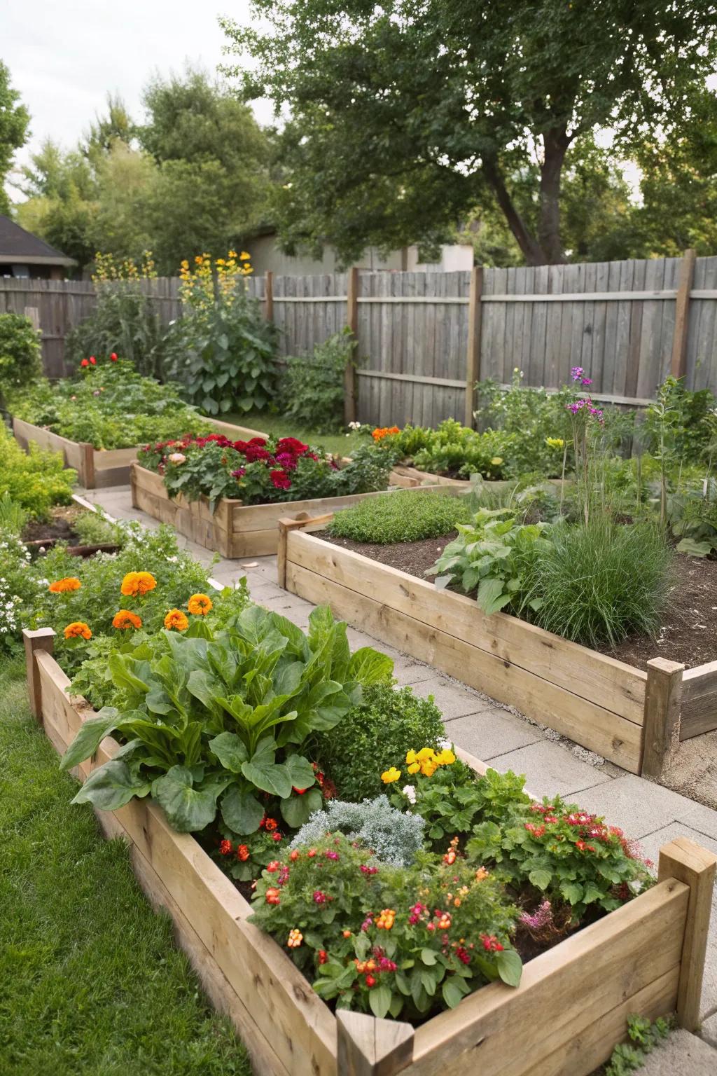 Elevated garden beds filled with a variety of plants, adding structure and layout.