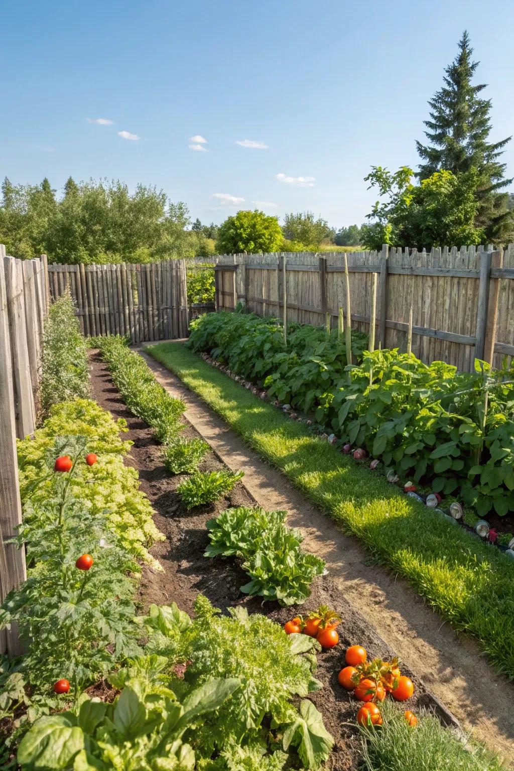 A classic veggie garden with neatly lined rows.