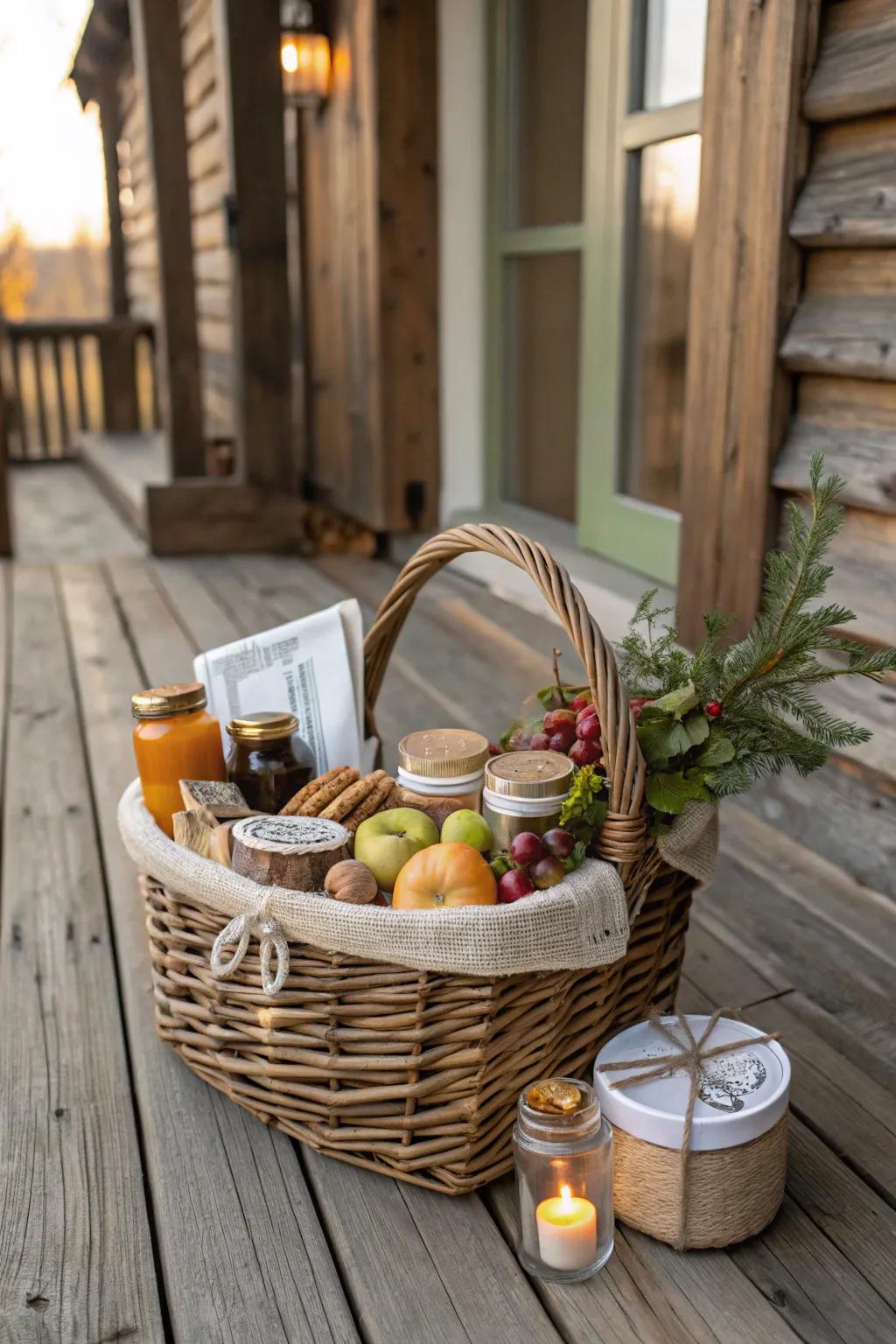 A country-inspired treasure-filled basket with elements of nature.