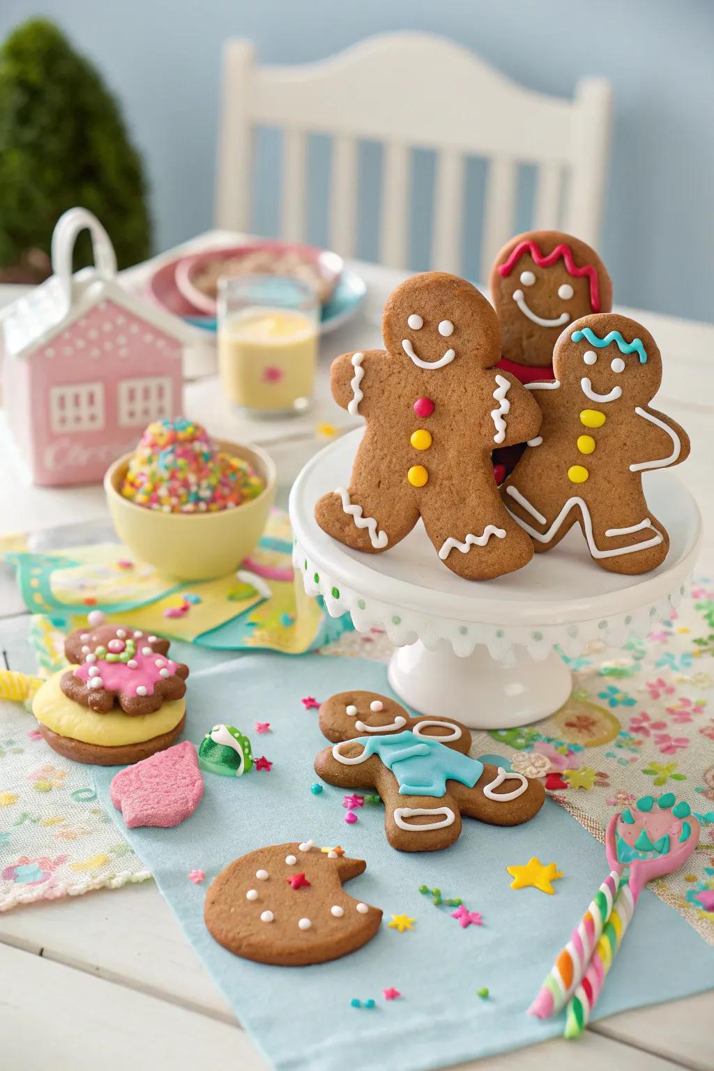 Playful gingerbread figures in amusing poses for a whimsical accent.