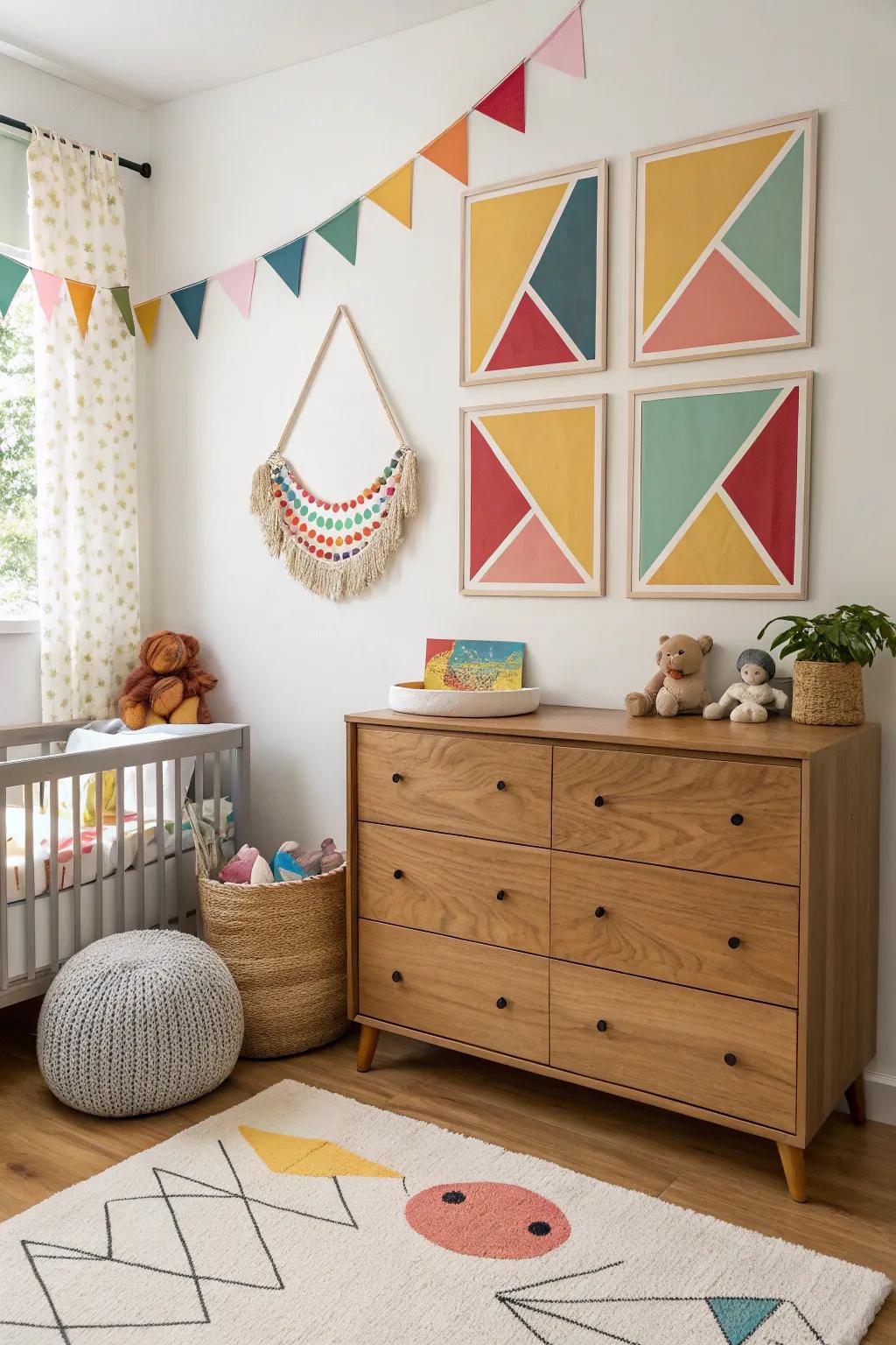Shape-based wall art contributes a modern spin to the nursery.