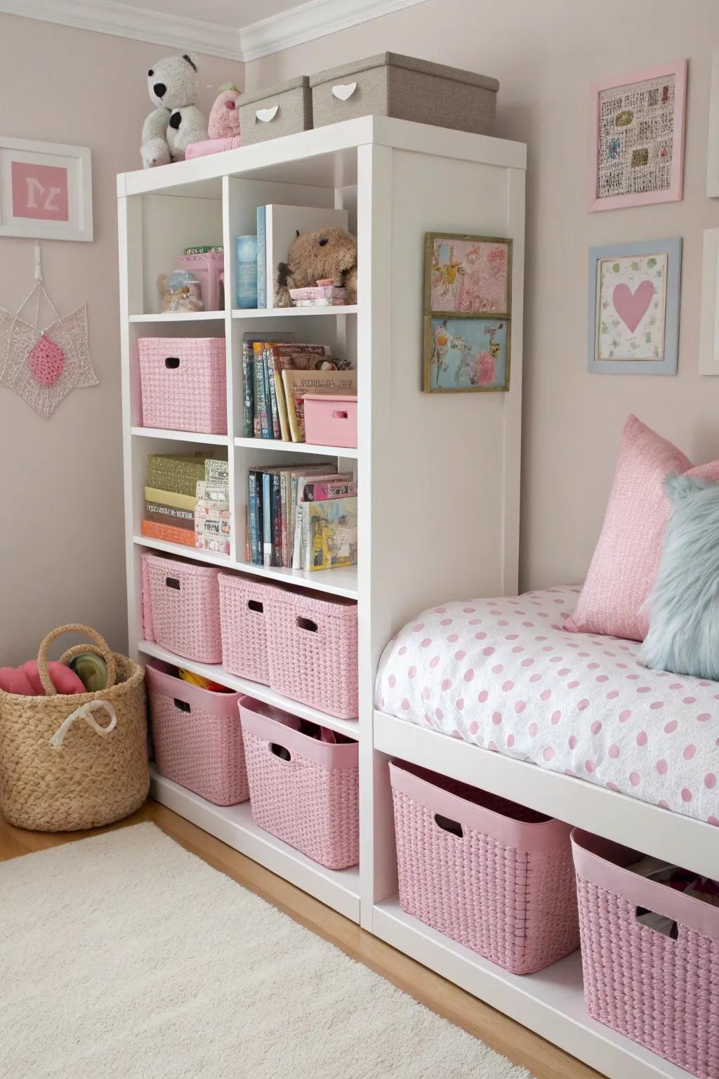 Stylish storage keeps the room organized and attractive.