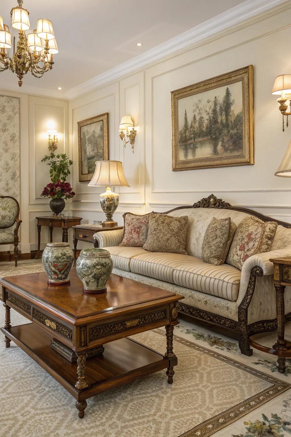 A charming living space with classic discoveries adding individuality.