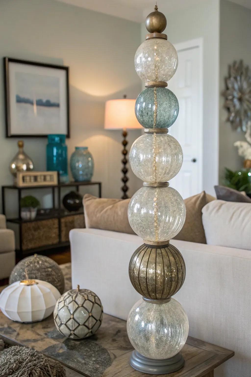 Design a dynamic sculpture using stacked glass orbs.