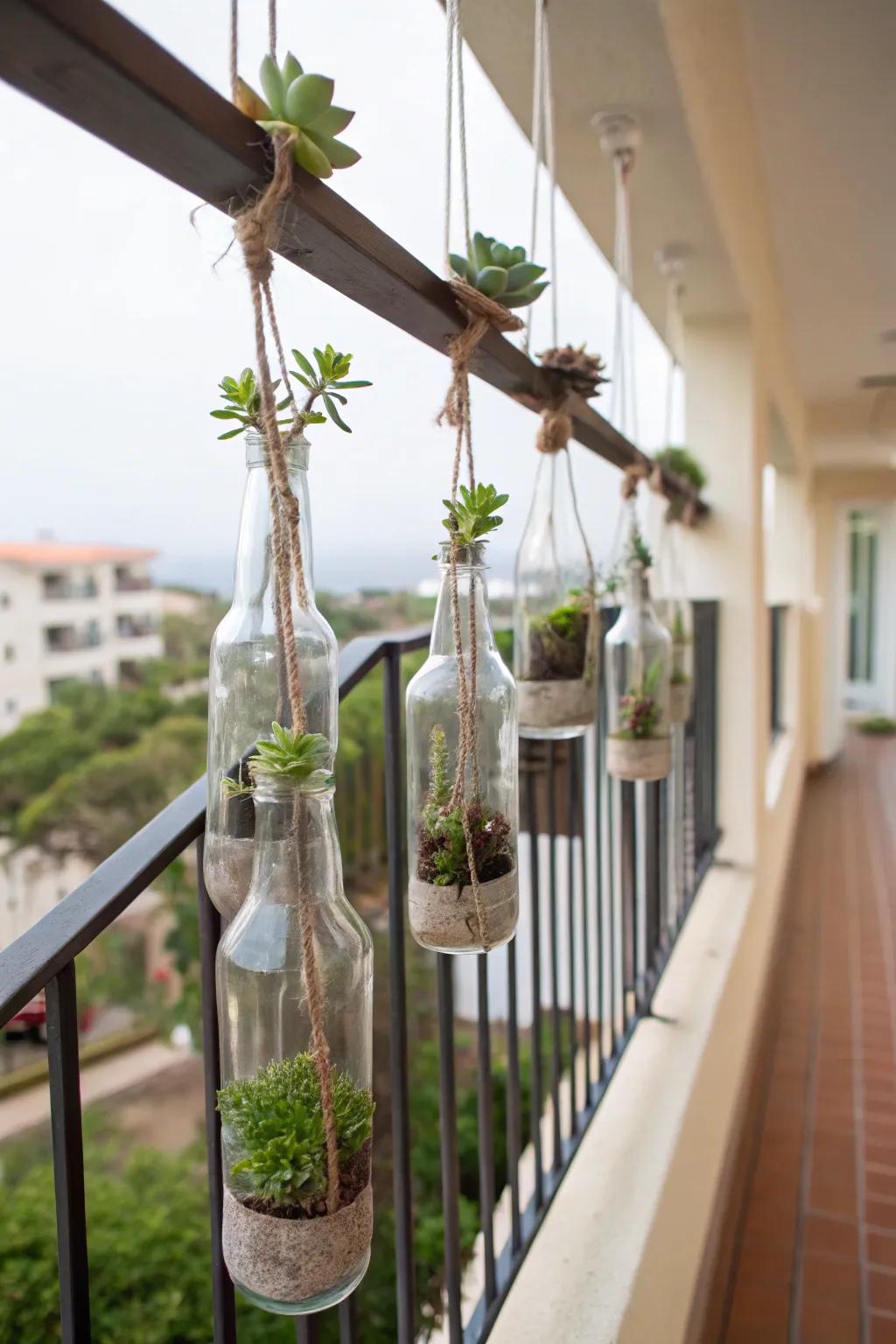 Suspended container gardens delivering a vertical verdant display.