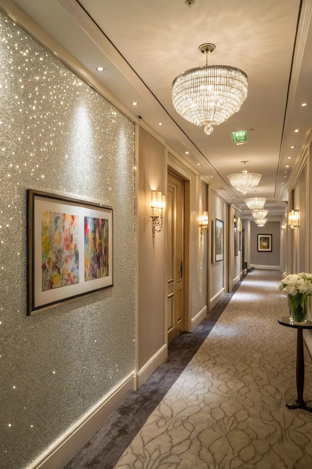 A sparkling wall highlights a hallway.