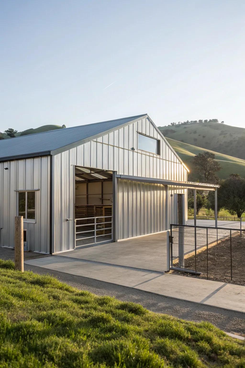 A modern metallic goat shelter offering durability and style.