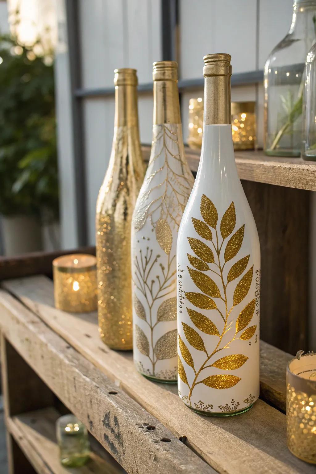 Upcycle glass bottles into decorative pieces with gilded paper.