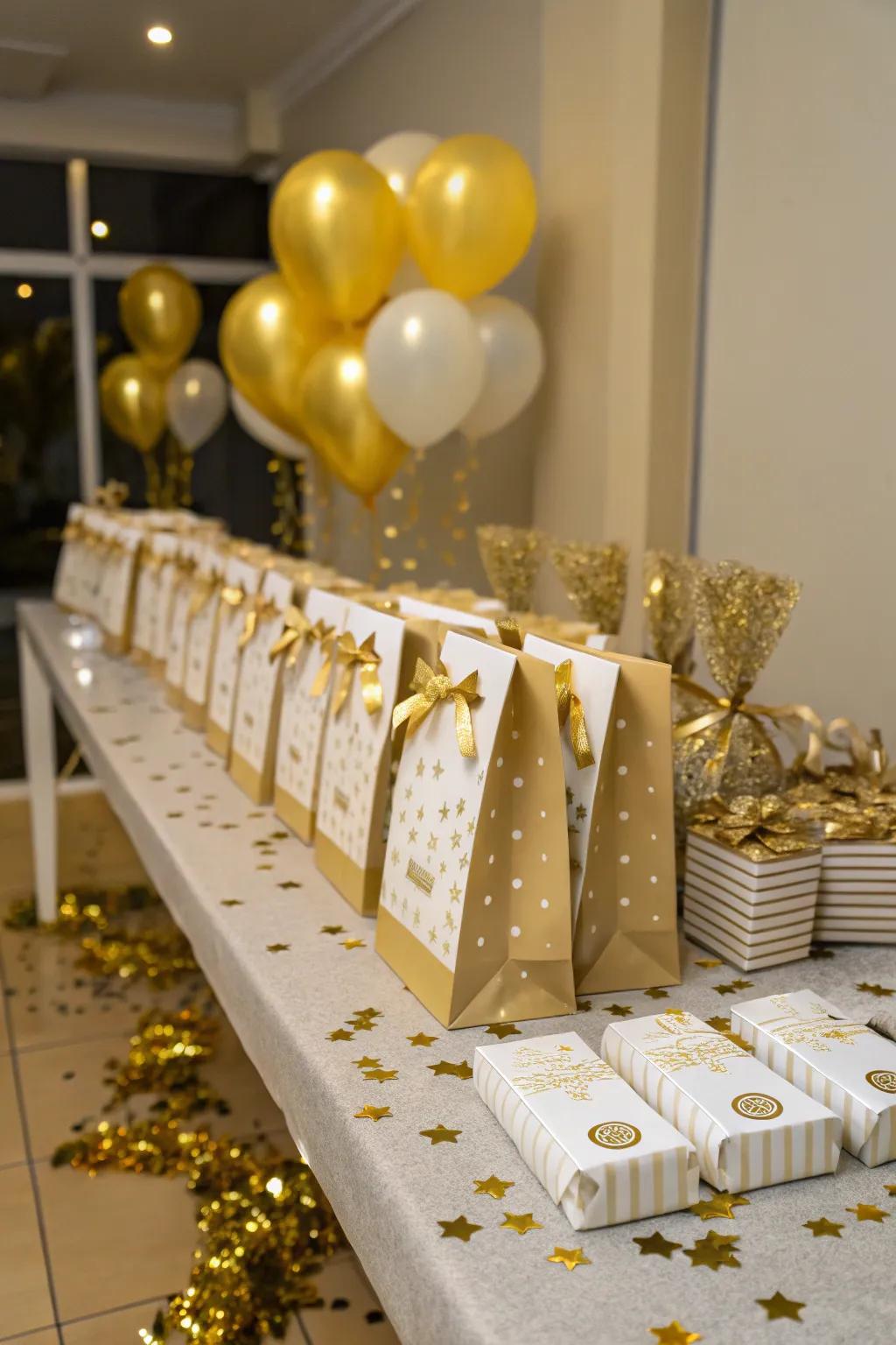 Thoughtful golden party favors for each guest.