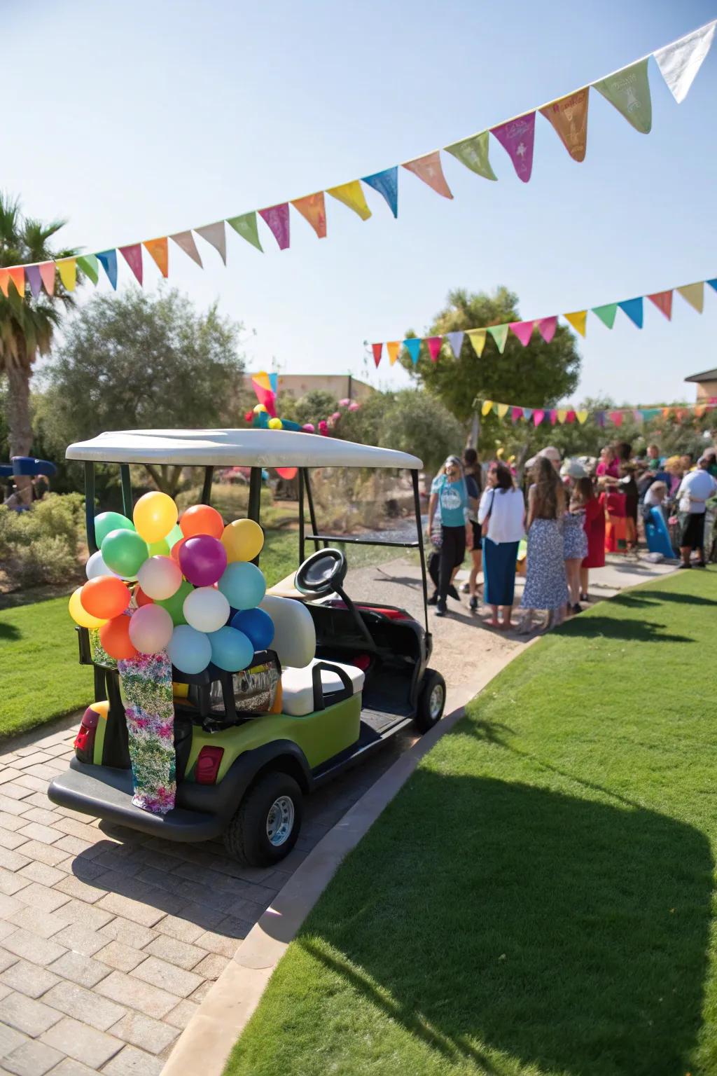 Convert your golf cart into the celebration's core through festive embellishments.