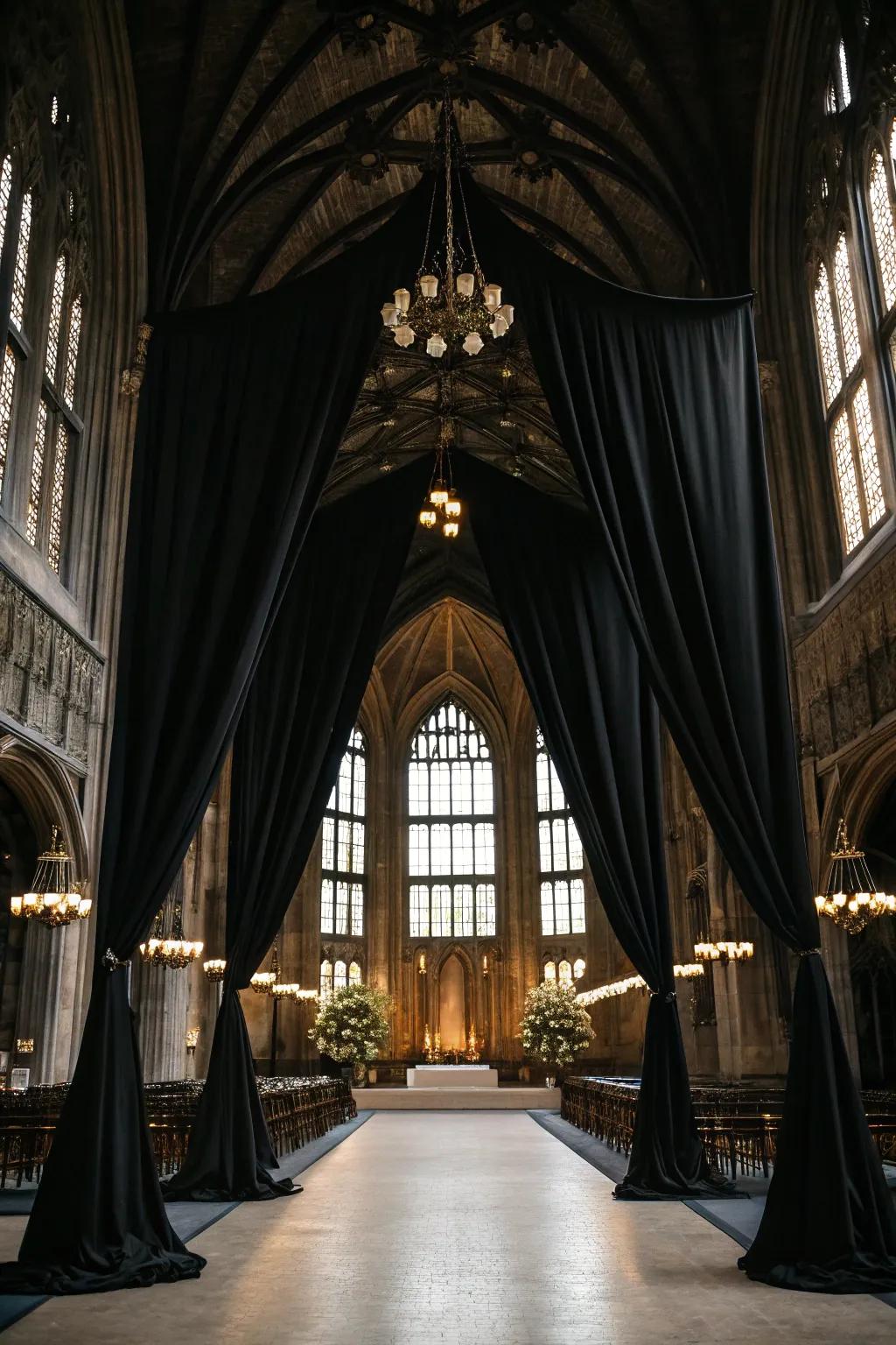 A gothic wedding venue featuring refined sable drapery.