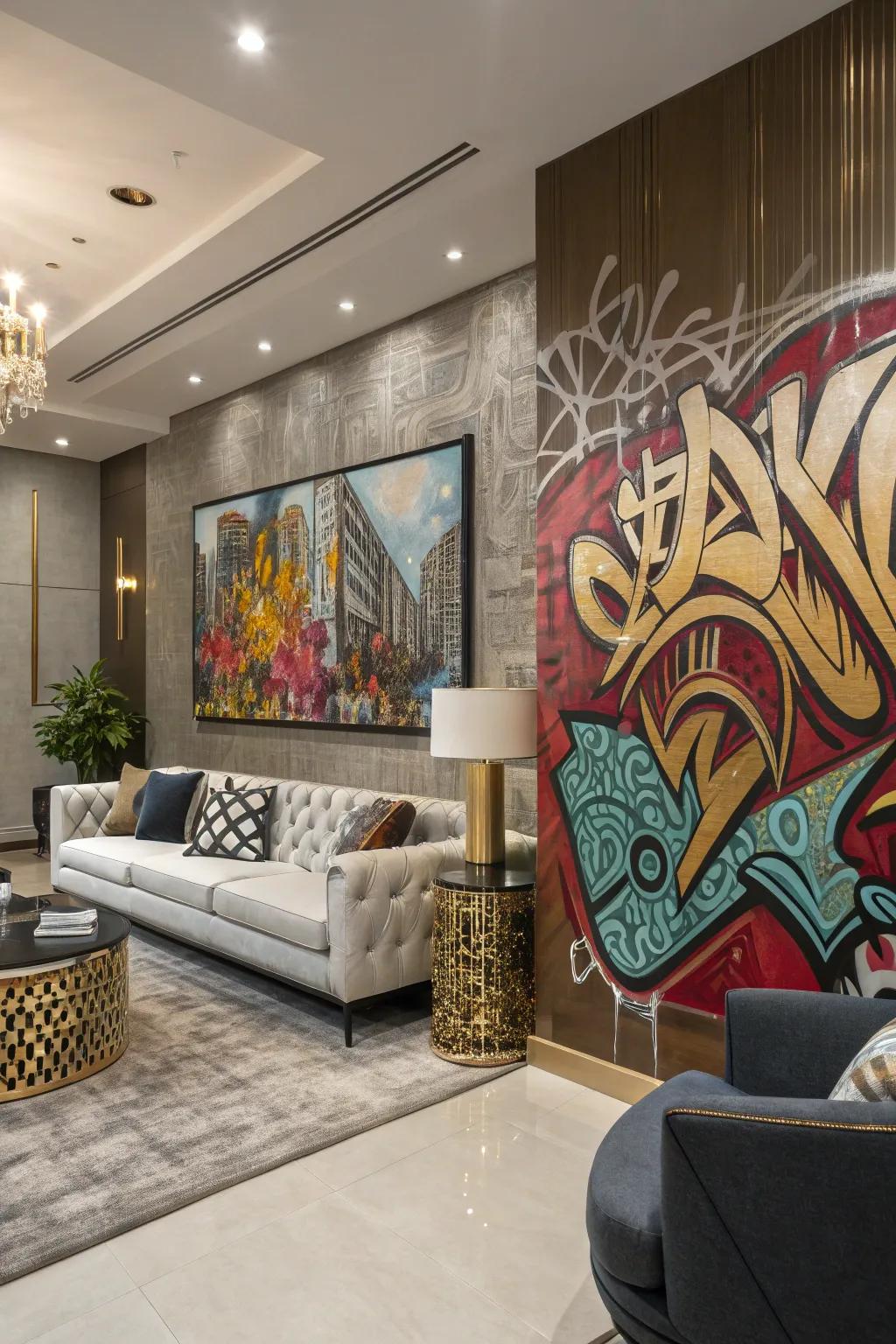 Metallic accents in graffiti art adding luxury to a living room