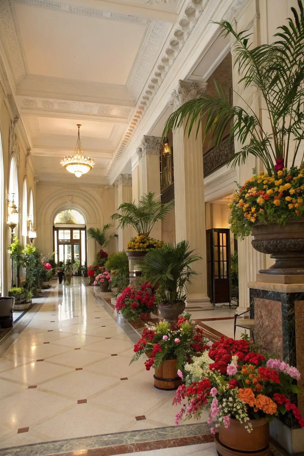 Potted plants and lush greenery bring life to a grand foyer.