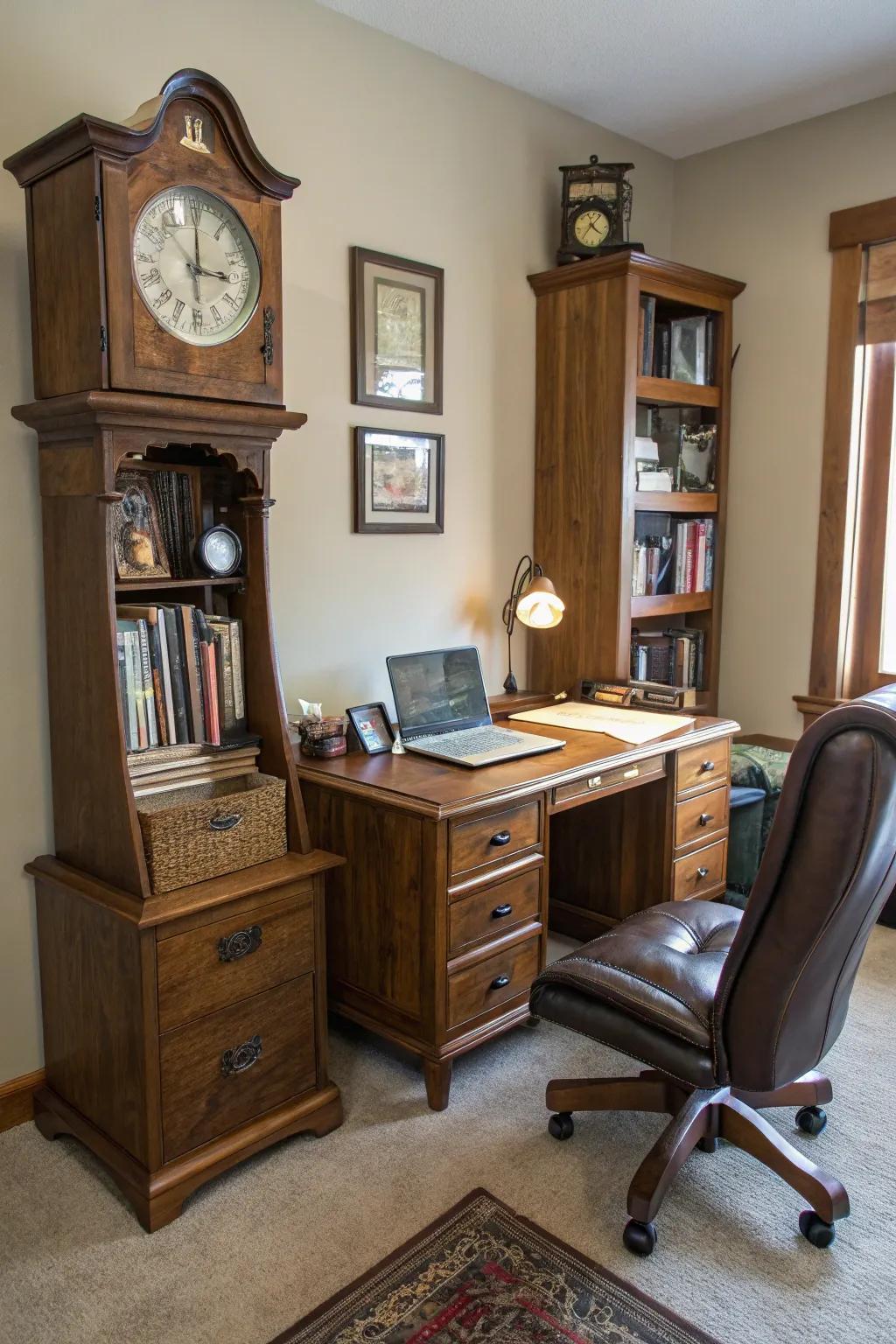 A time-honored timepiece enhances the elegance of a home office.