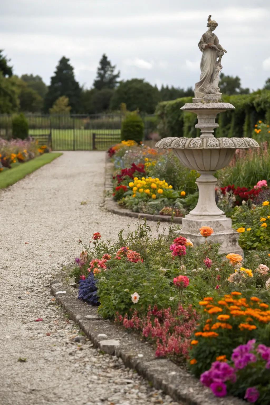 An ornamental sculpture adding flair to a pebble flower bed