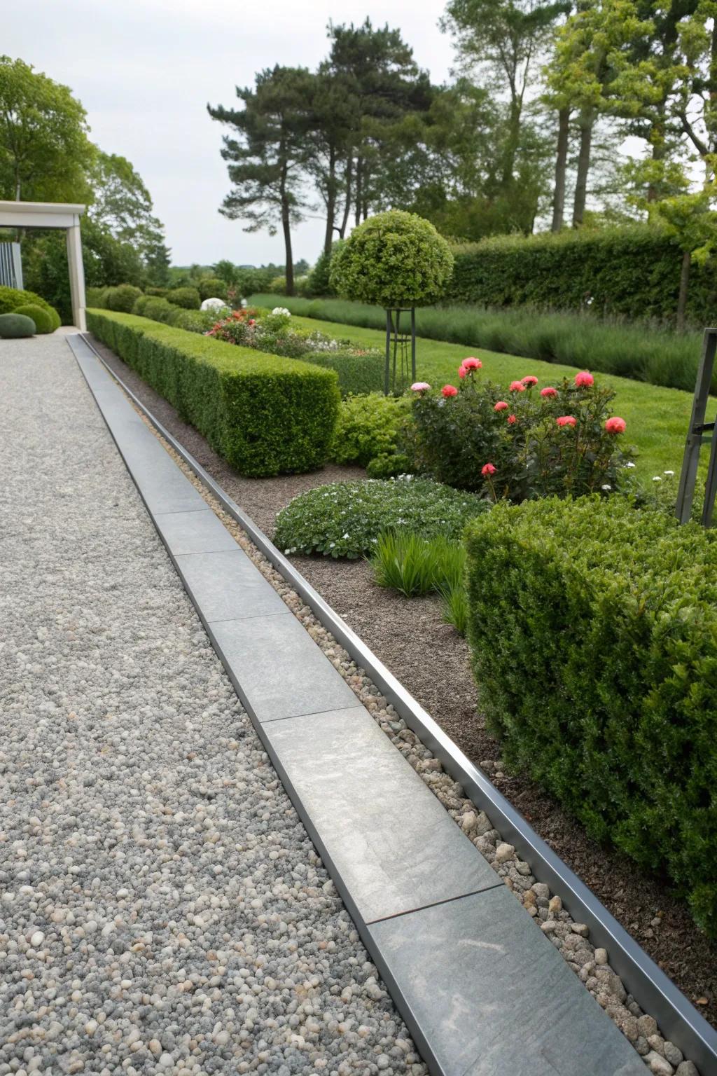 A modern gravel path with stylish metal edging