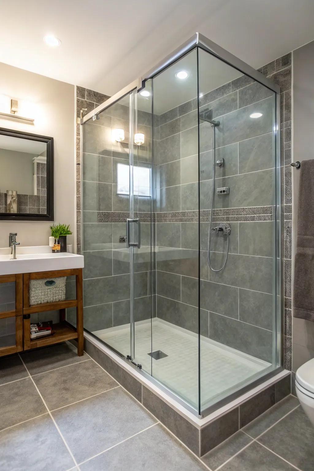 A light, airy sensation is maintained with showers that have glass and no frames.