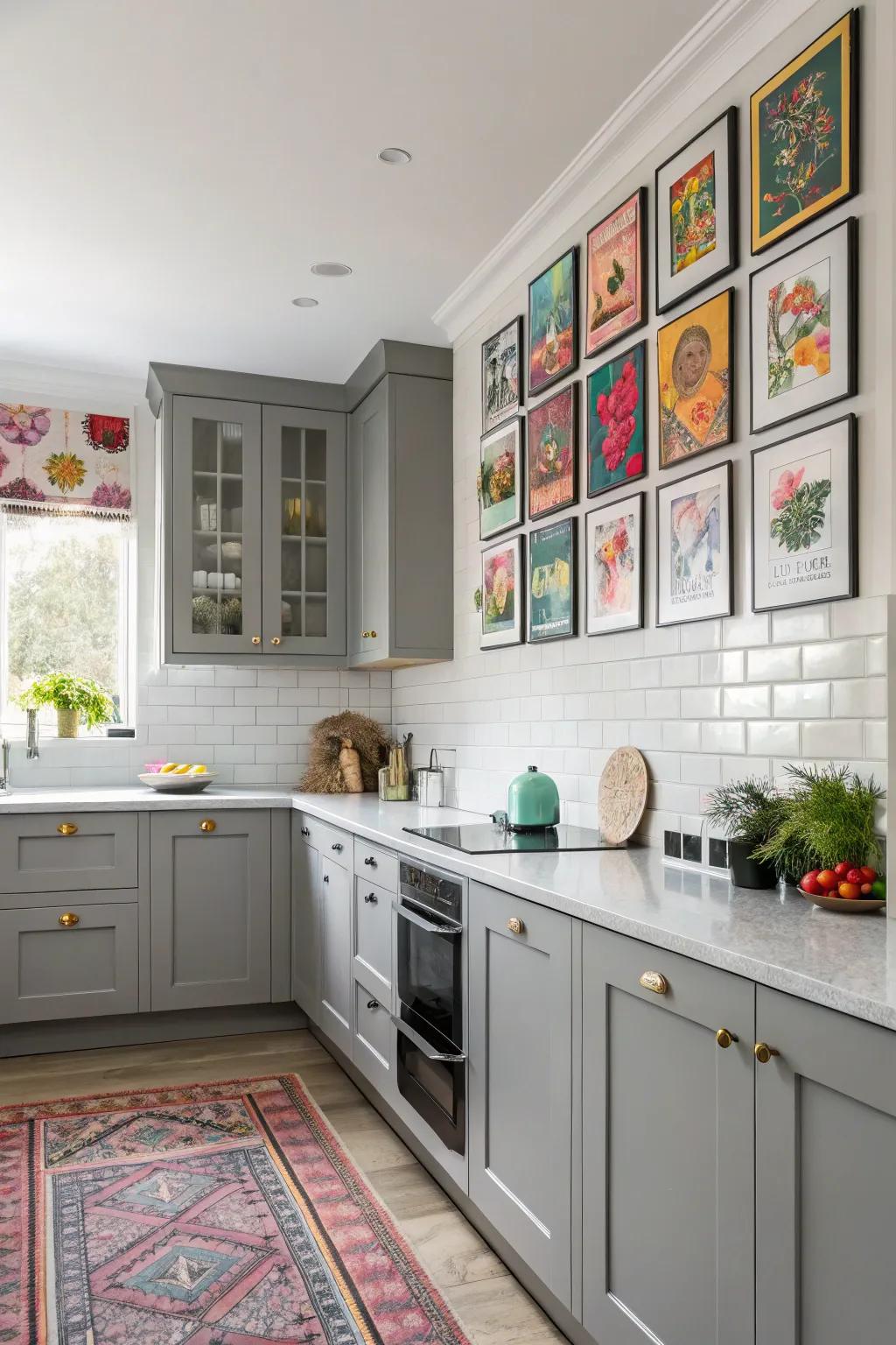 Impressive wall art personalizes the kitchen, injecting color and intrigue.