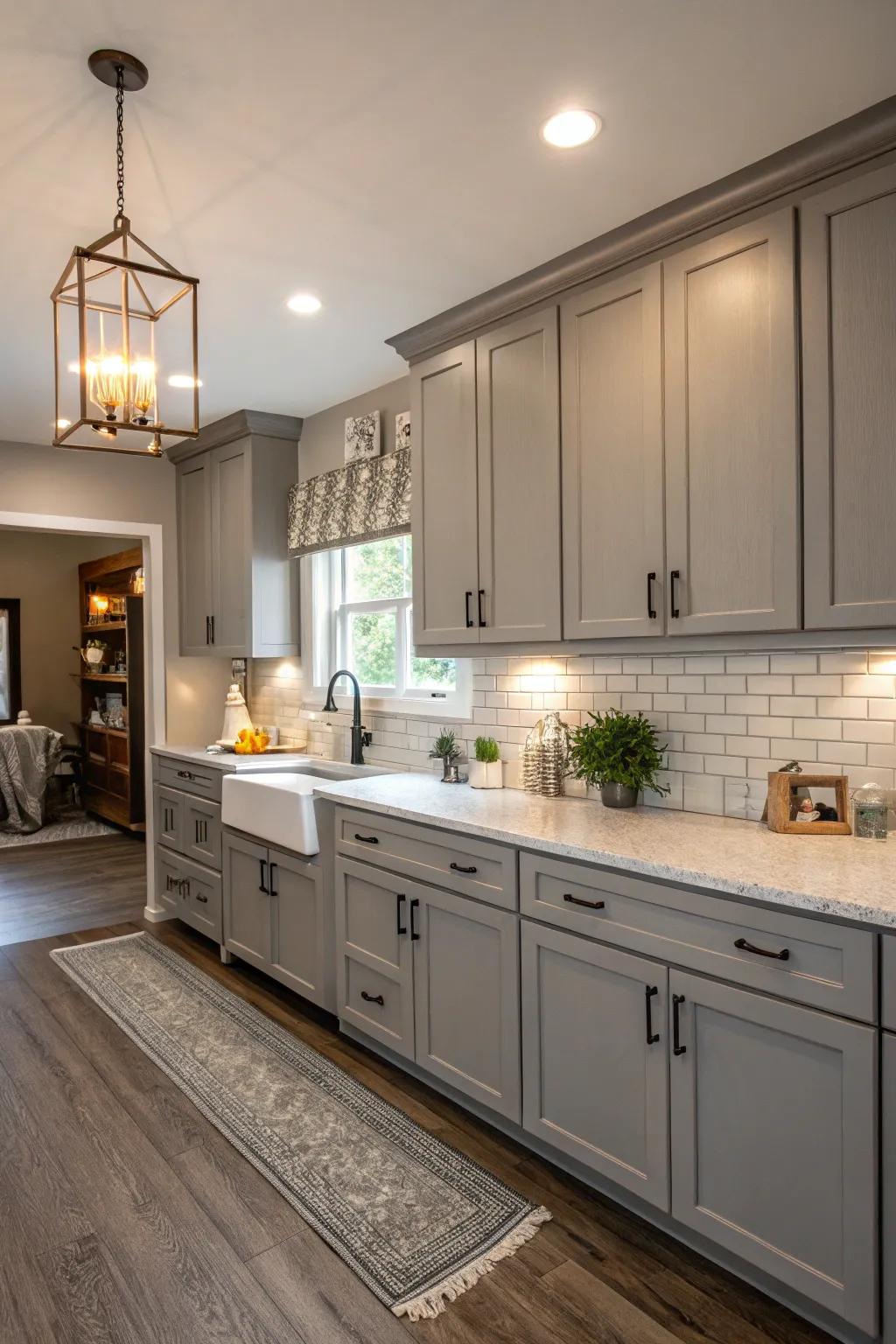 Gray acts as a soothing backdrop in this versatile cooking area design.