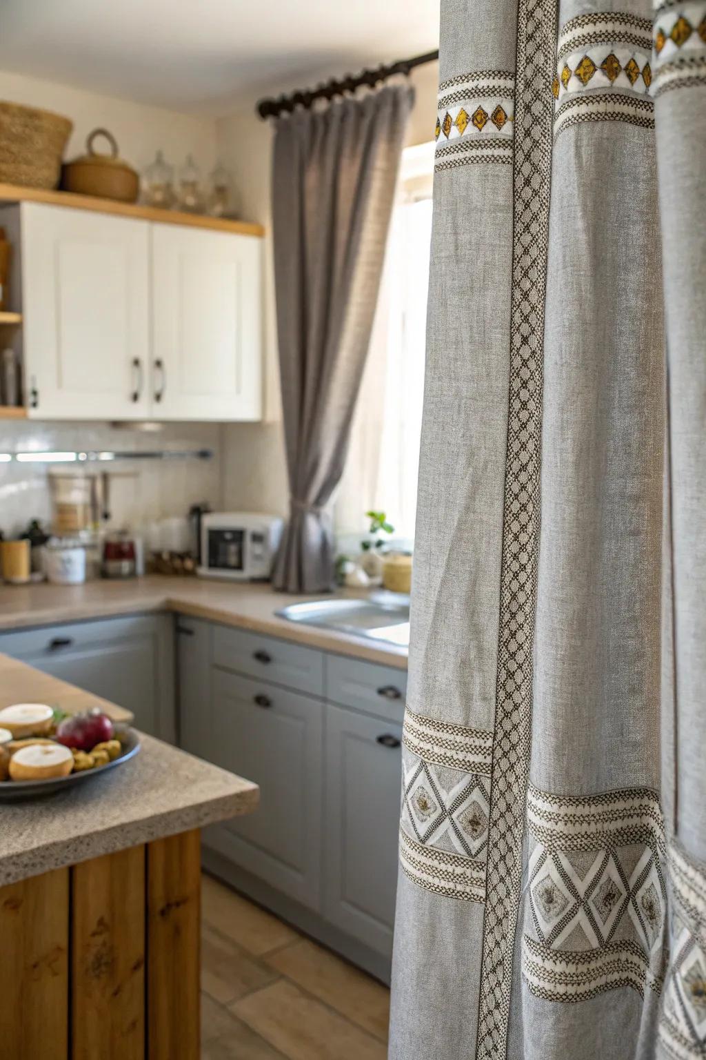 Textured ash drapes impart a tactile richness to the cooking space.