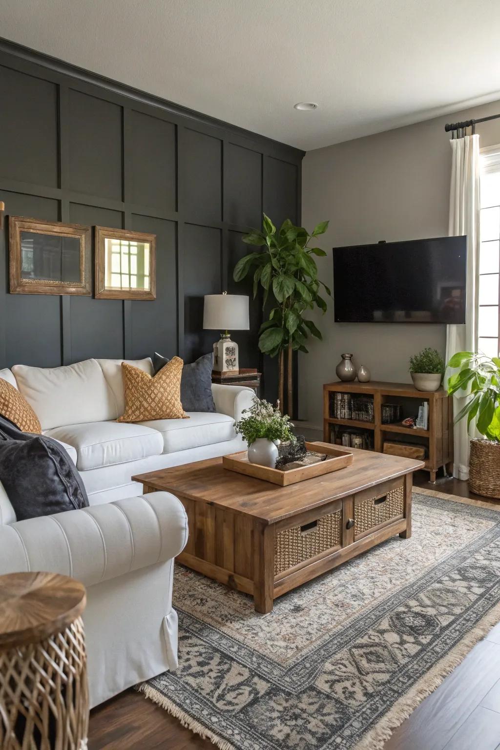 Dark gray accent walls inject drama into any room.