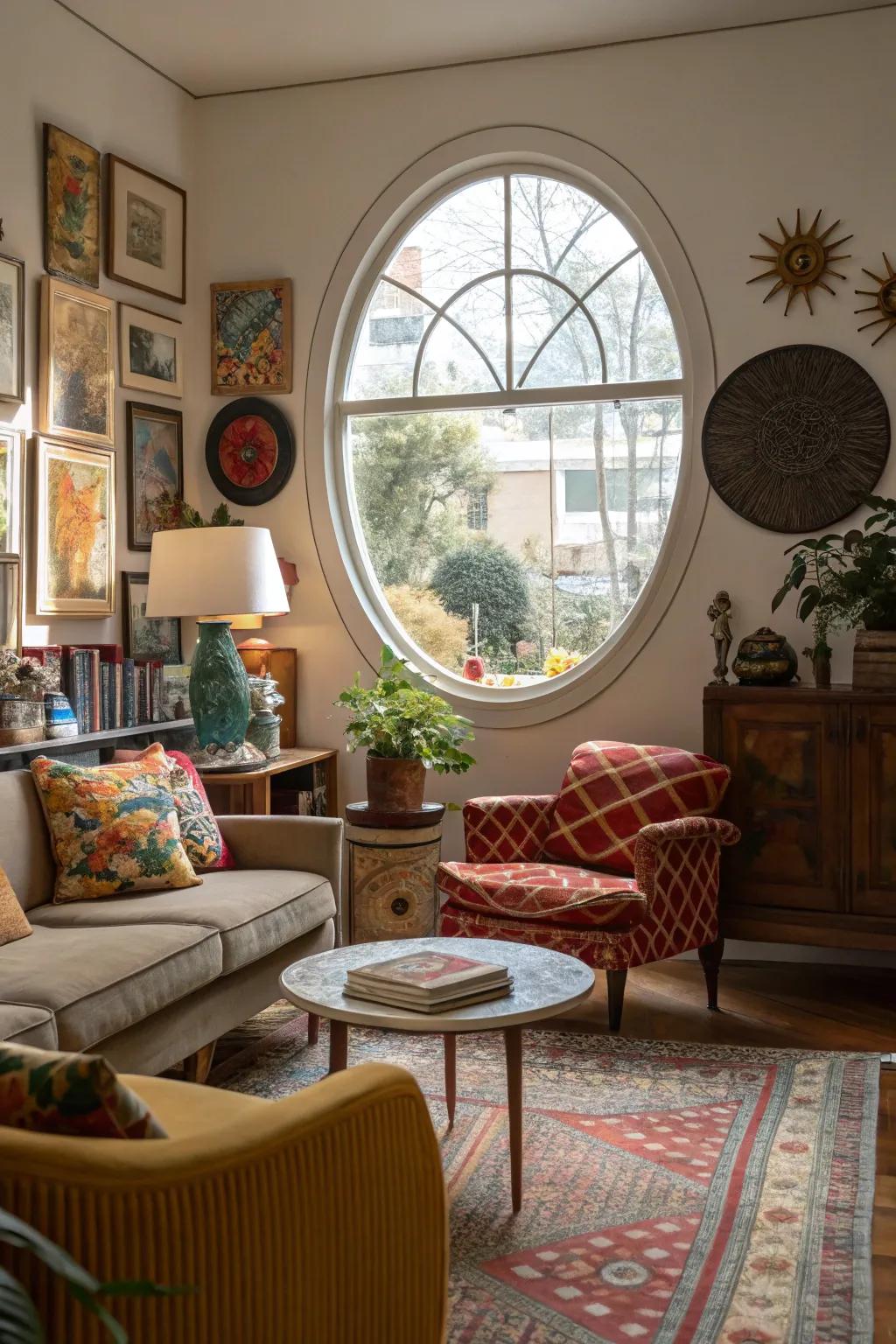 A circular window infuses a dash of fancifulness into this varied living room.