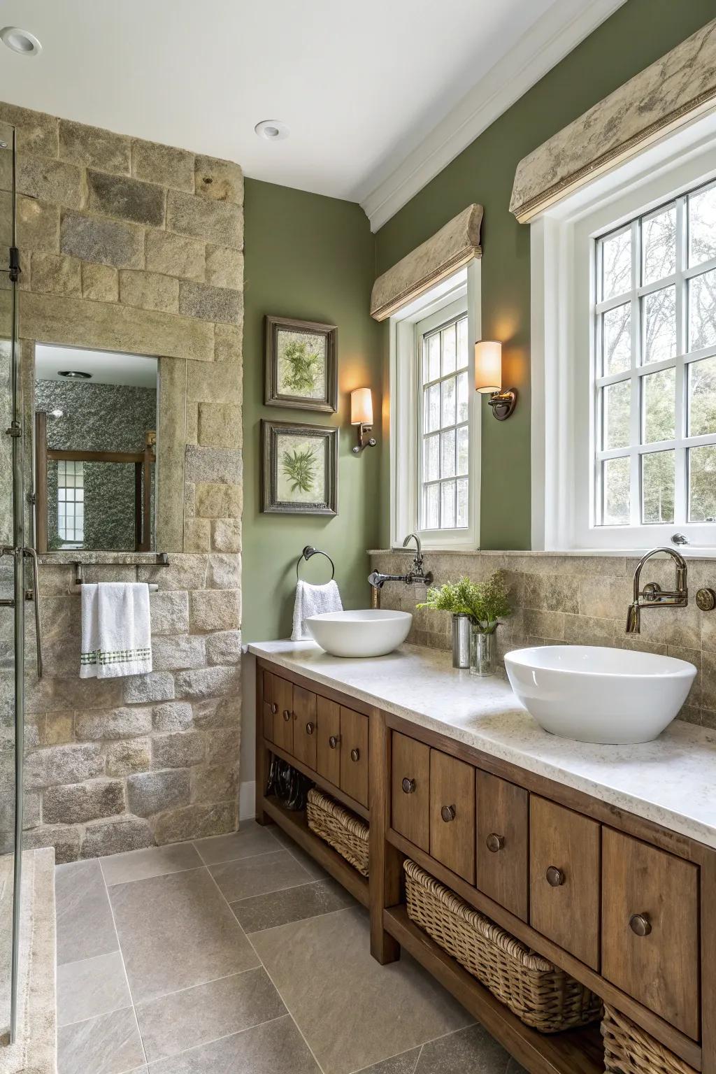 This bathroom's olive green walls invoke a spa-like aesthetic.