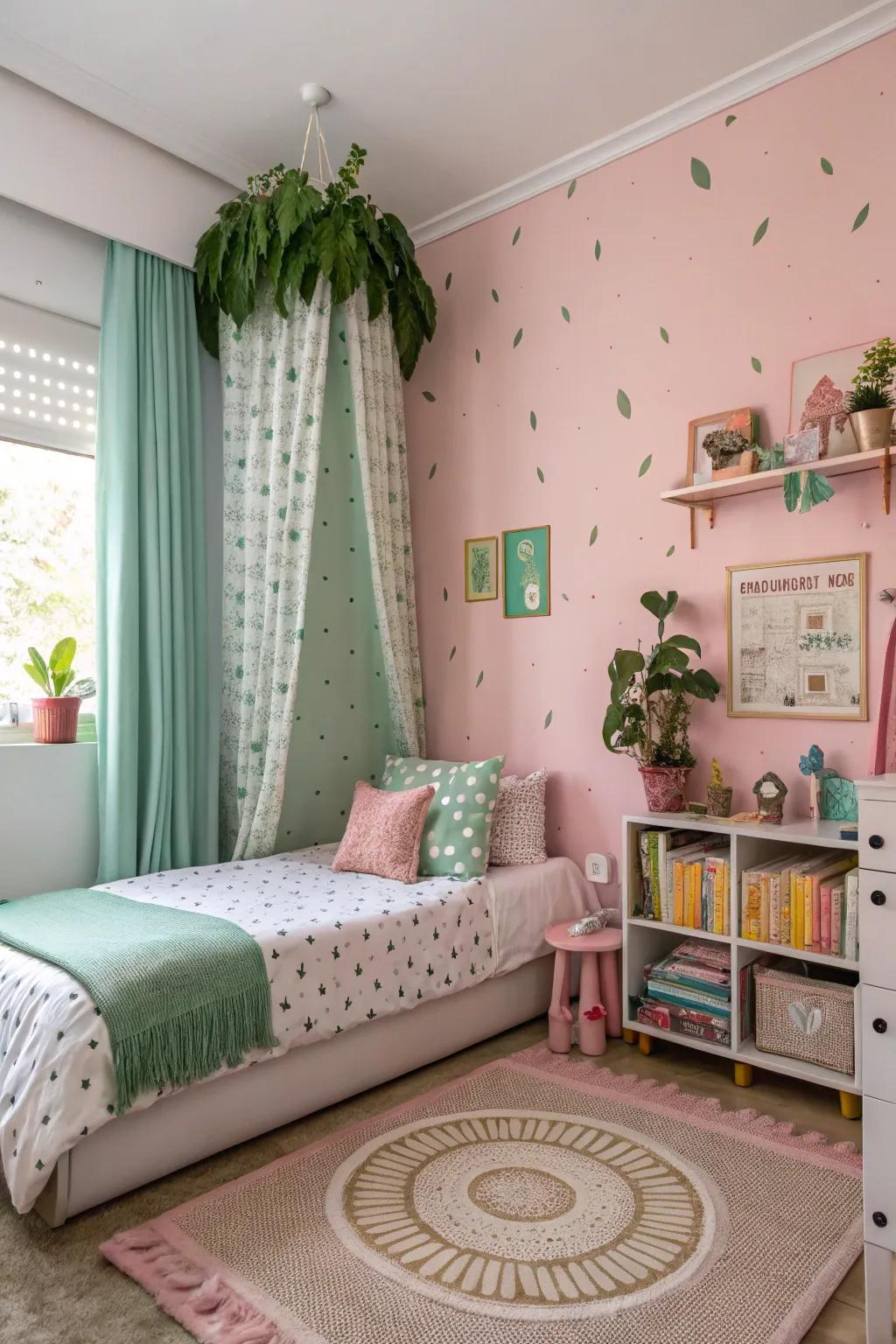 Whimsical pink walls matched with green design elements evoke a dreamy vibe.