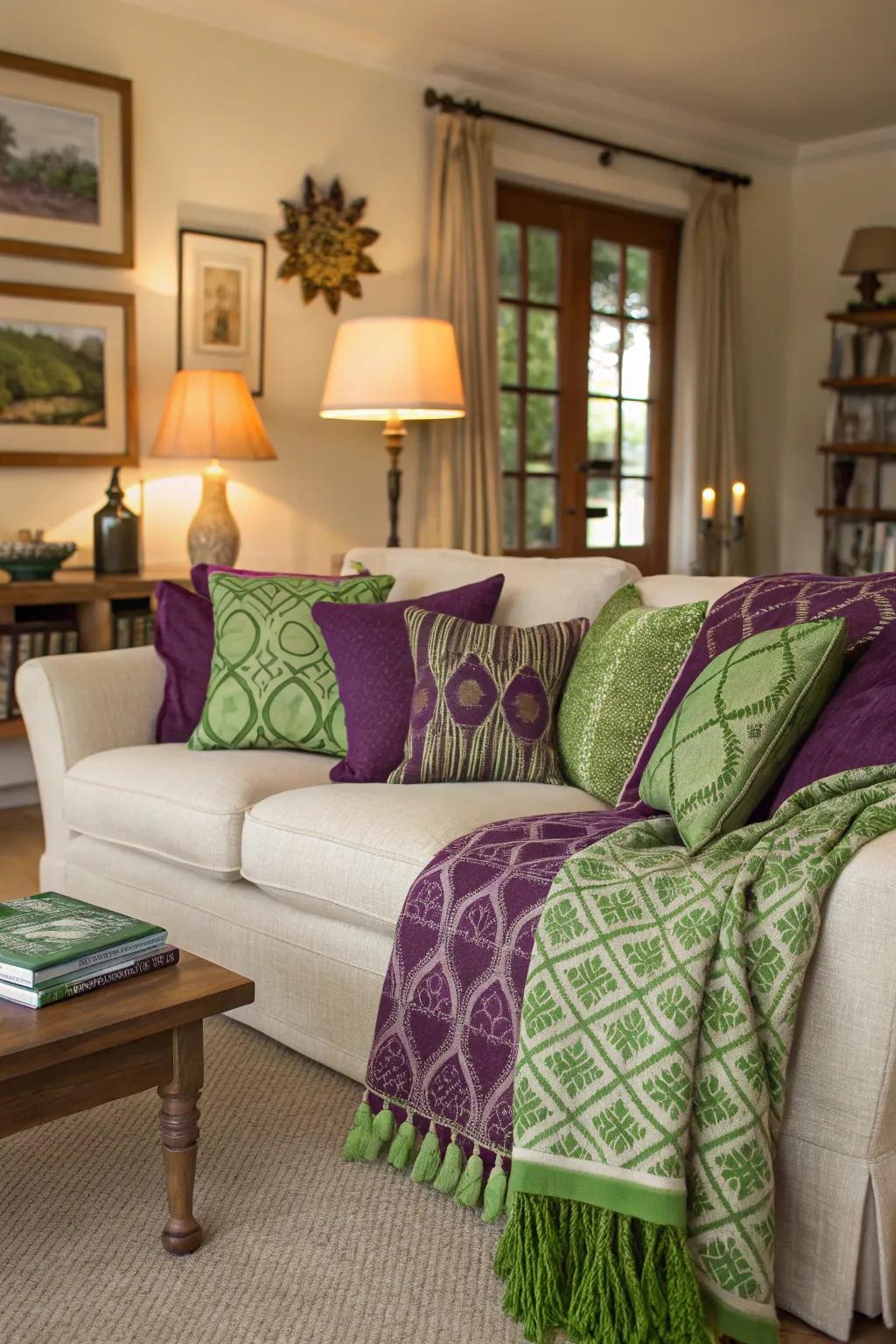 Accent cushions and throws introducing color to the living area.