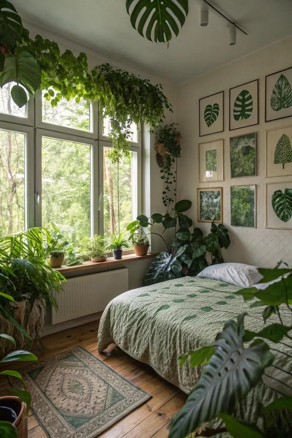 Leafy motifs and plants turn a bedroom into a botanic escape.