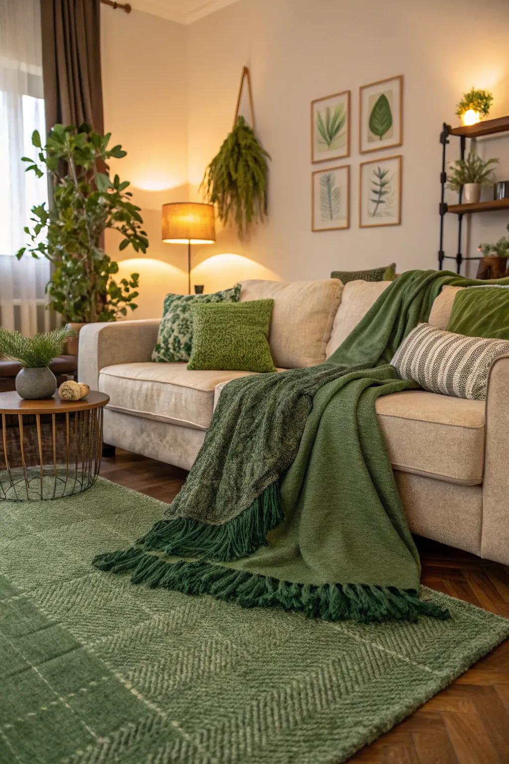 Layering green fabrics brings extra style and cosiness to your space.