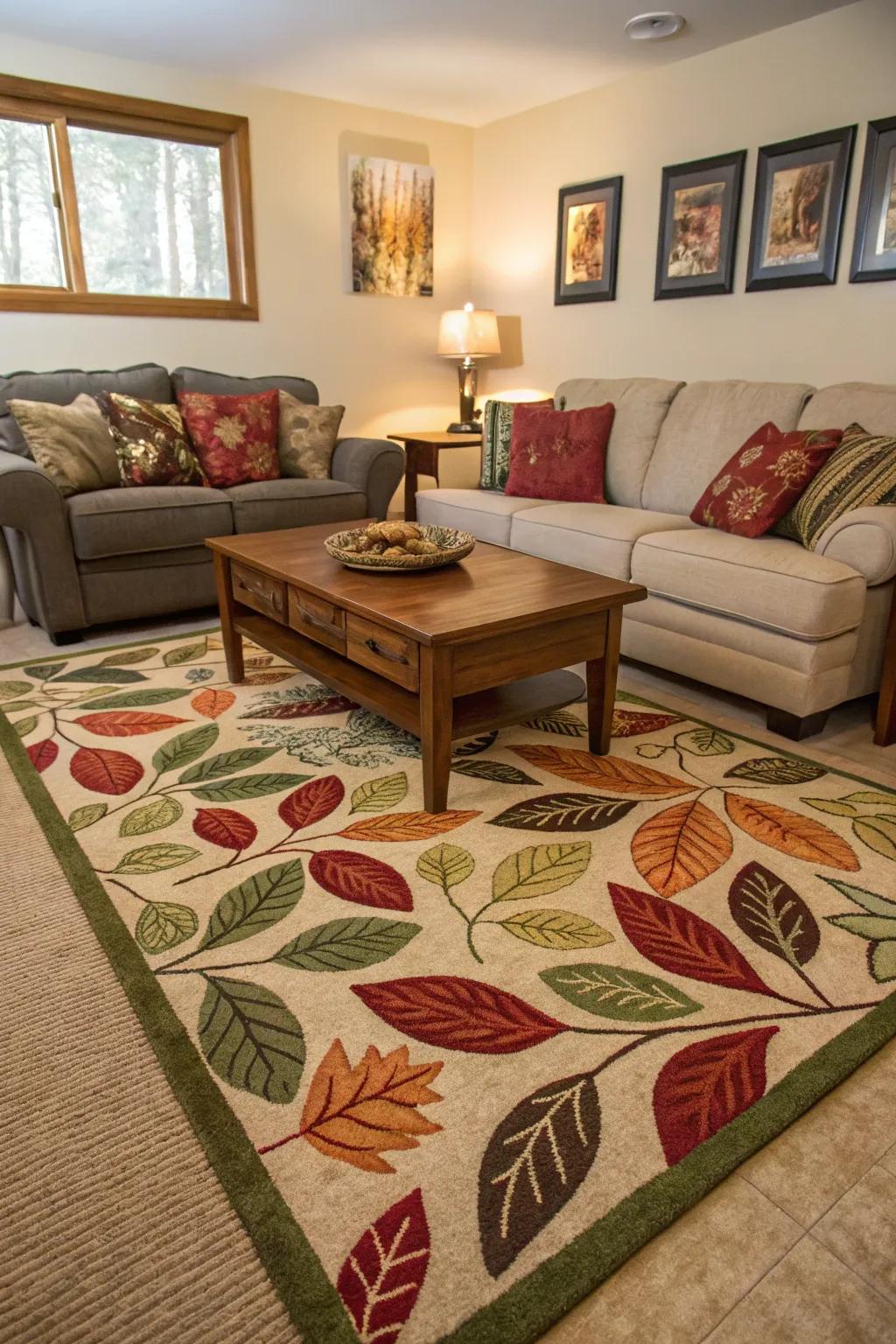A leaf-patterned rug can beautifully anchor your space.