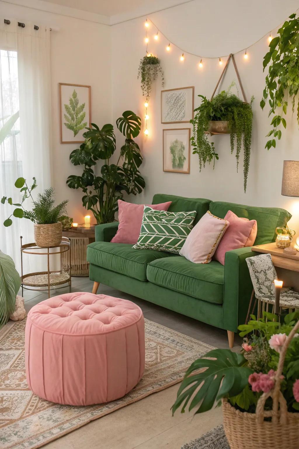 Green and rose together establish a dynamic, tranquil equilibrium.