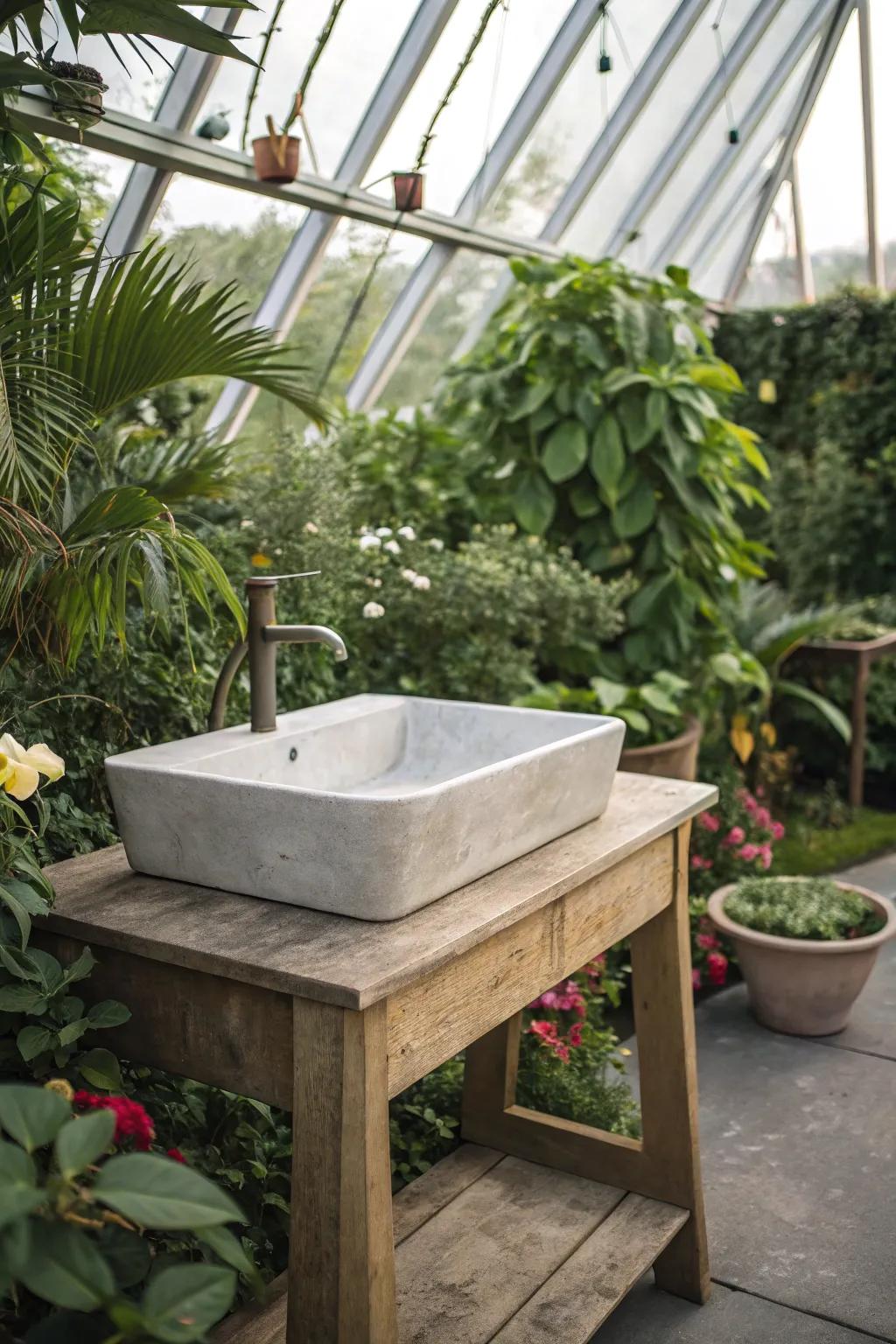 A do-it-yourself cement sink that offers a modern touch to any greenhouse.