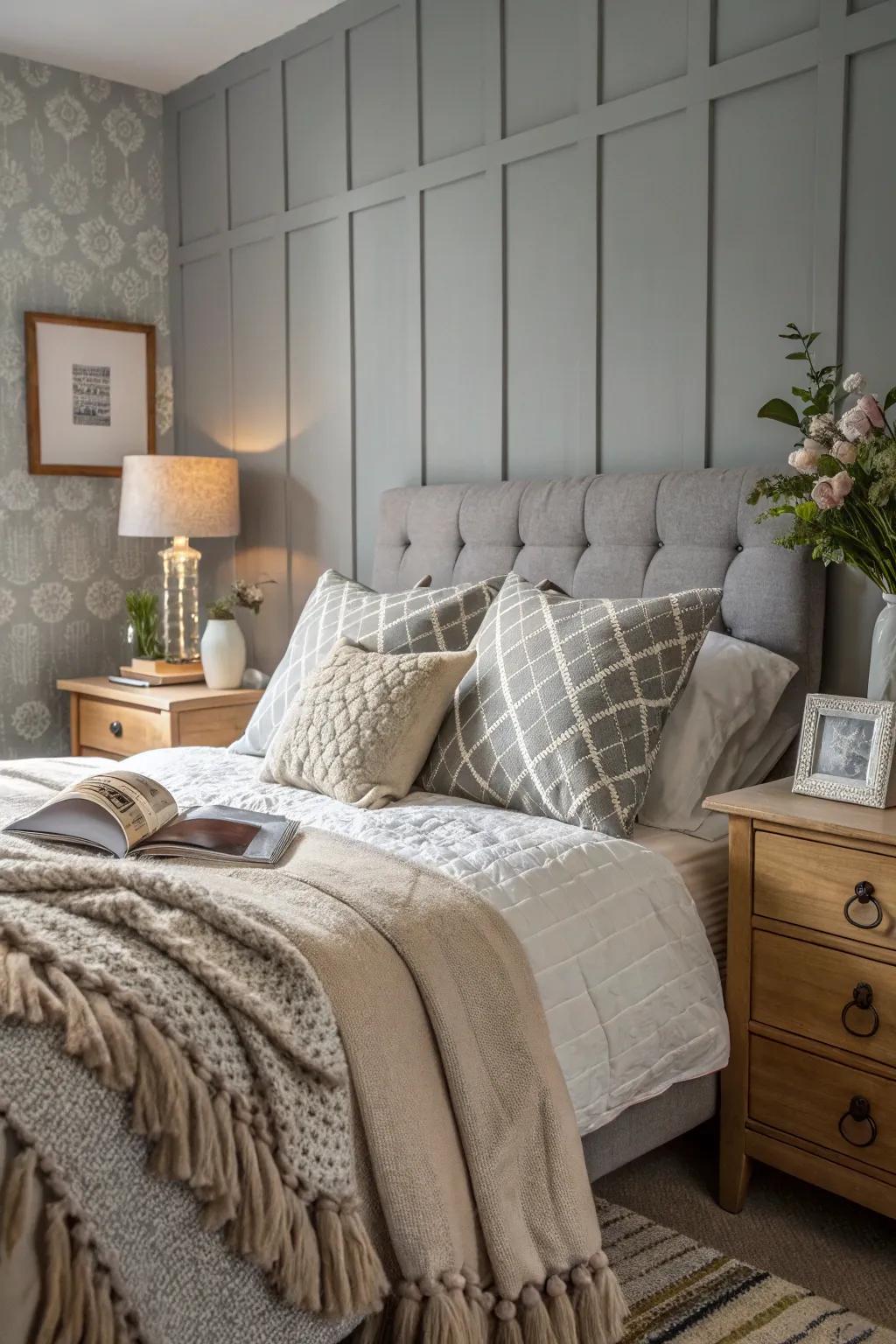 Layered textures harmonizing exquisitely with a grey focus wall.