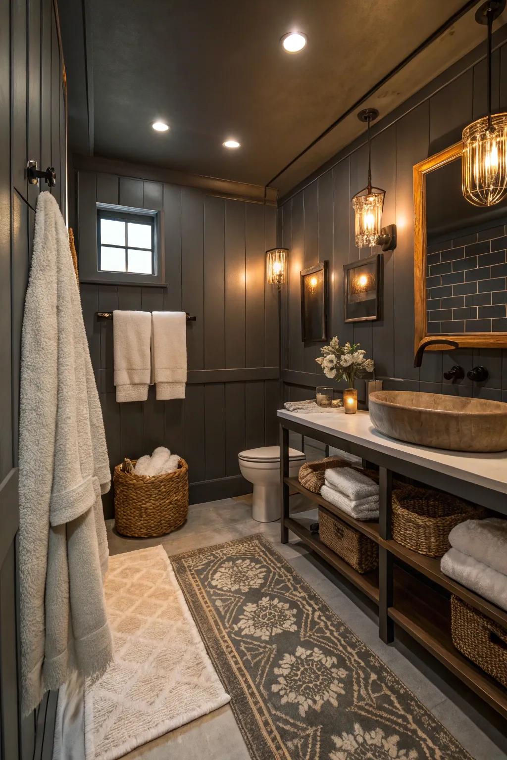 Deep grey walls establish an intimate and cozy atmosphere in this bathroom refuge.
