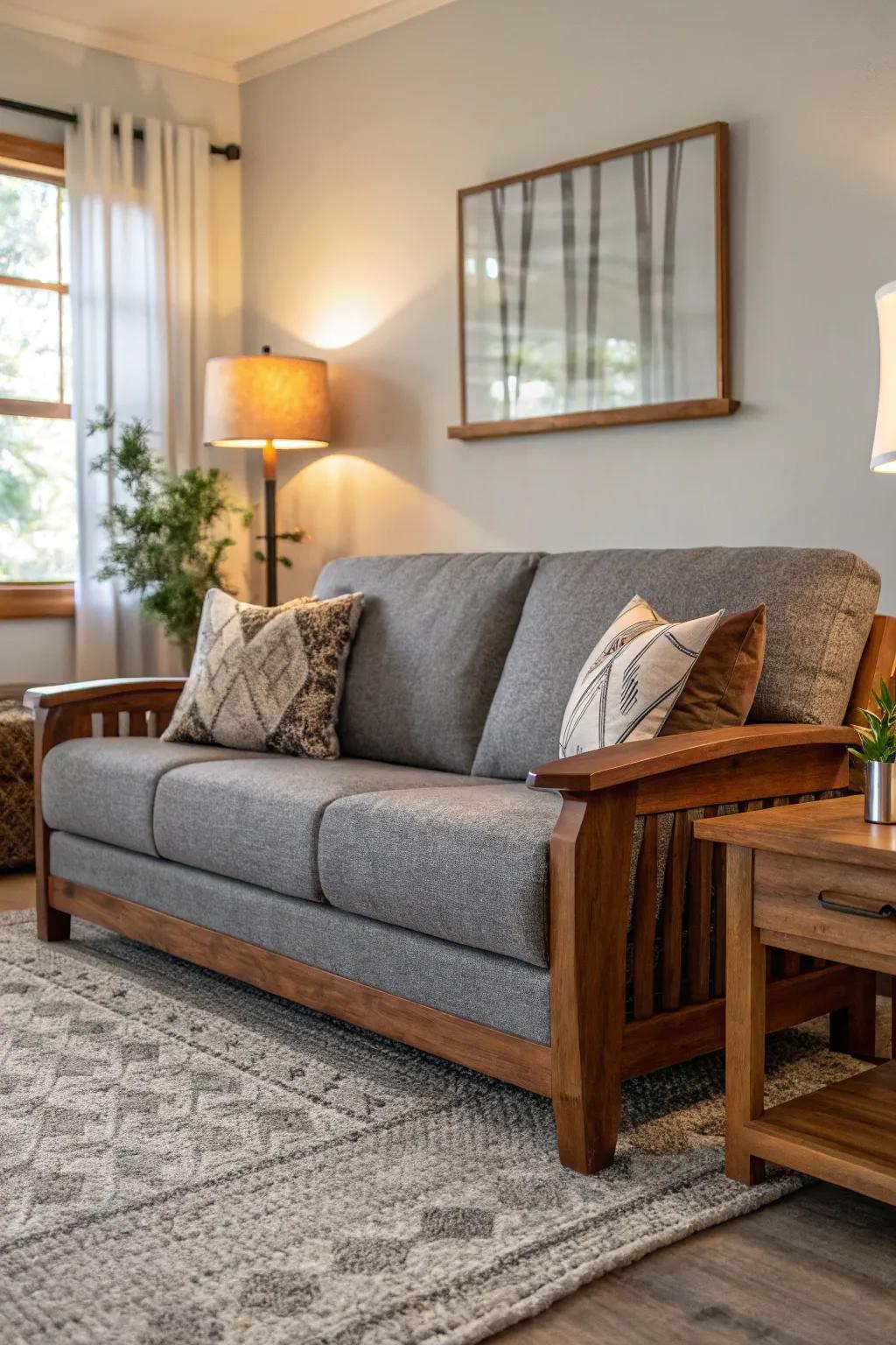 Warm timber tones complement the cool charcoal sofa.