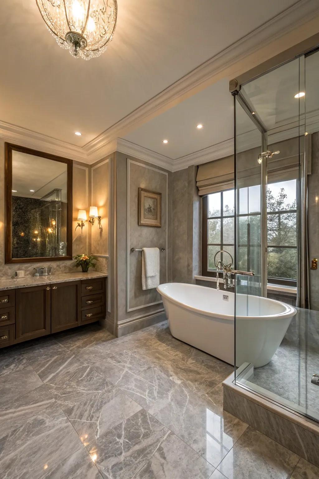 Greyish marble floors craft a lavish and ageless appearance in this bathing space.