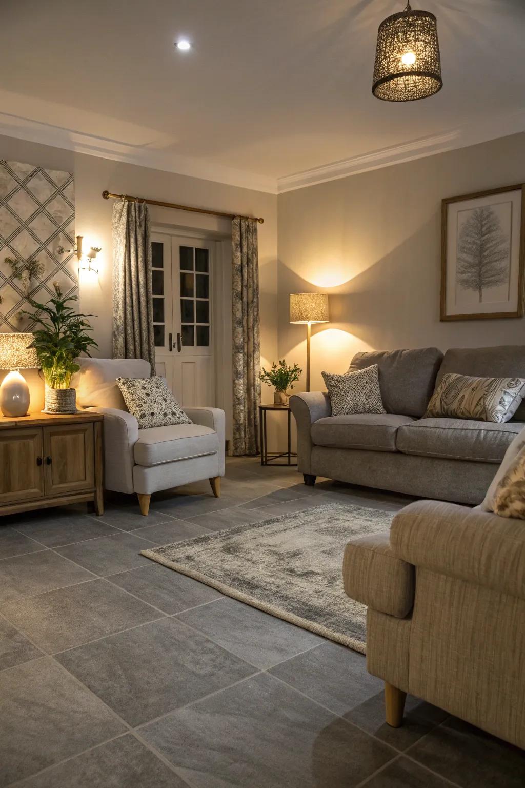 Subtle lighting adds warmth to grey flooring.