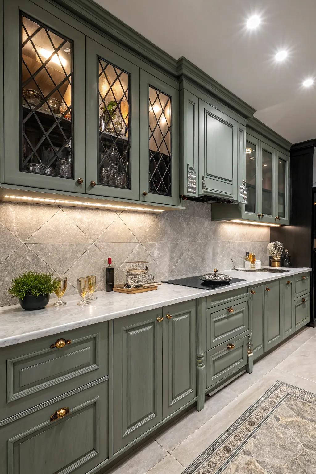 Dark touches create a dramatic feeling with greenish-gray cabinets.