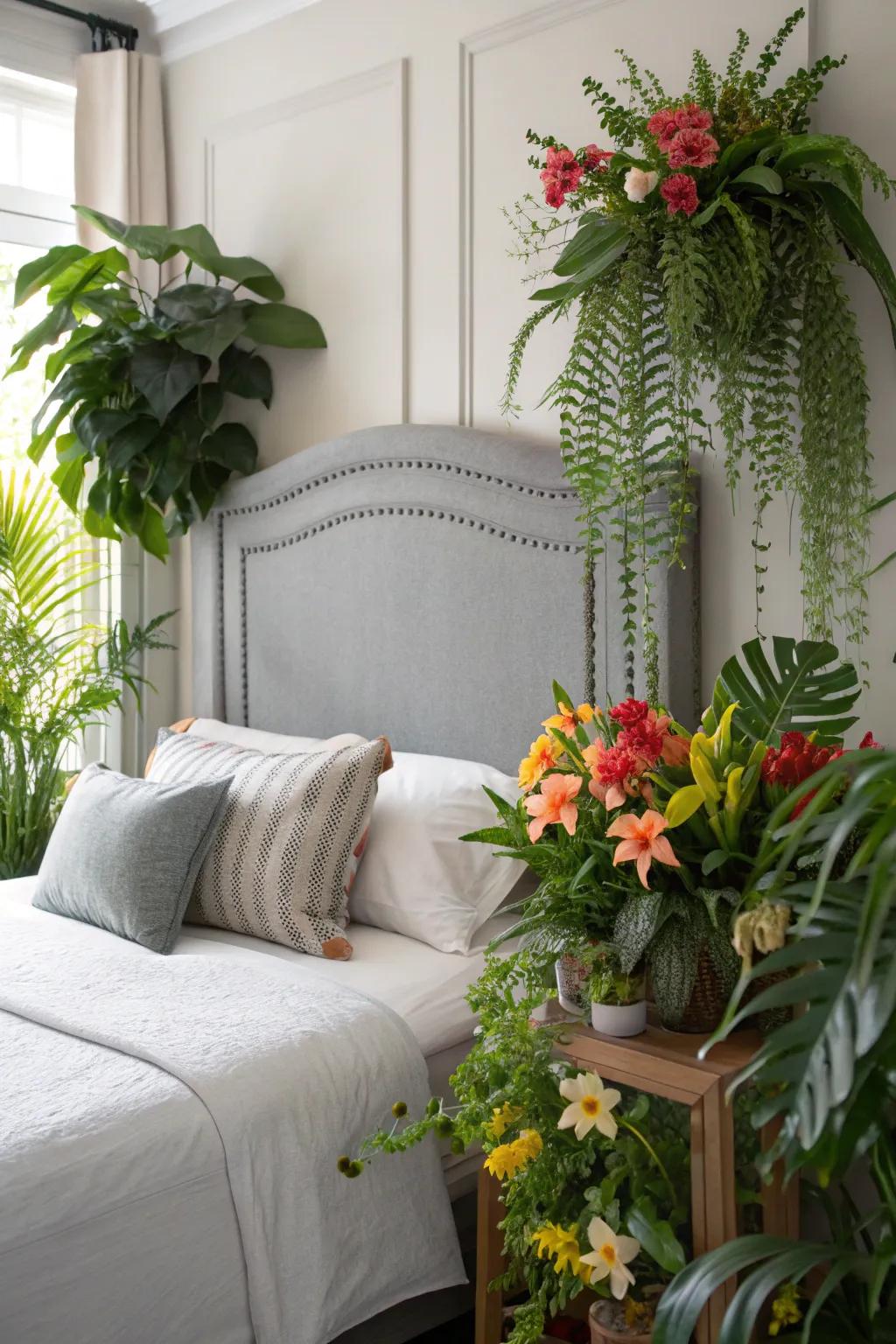Nature's touch in a bedroom with a stone-toned headboard, adorned with greenery.