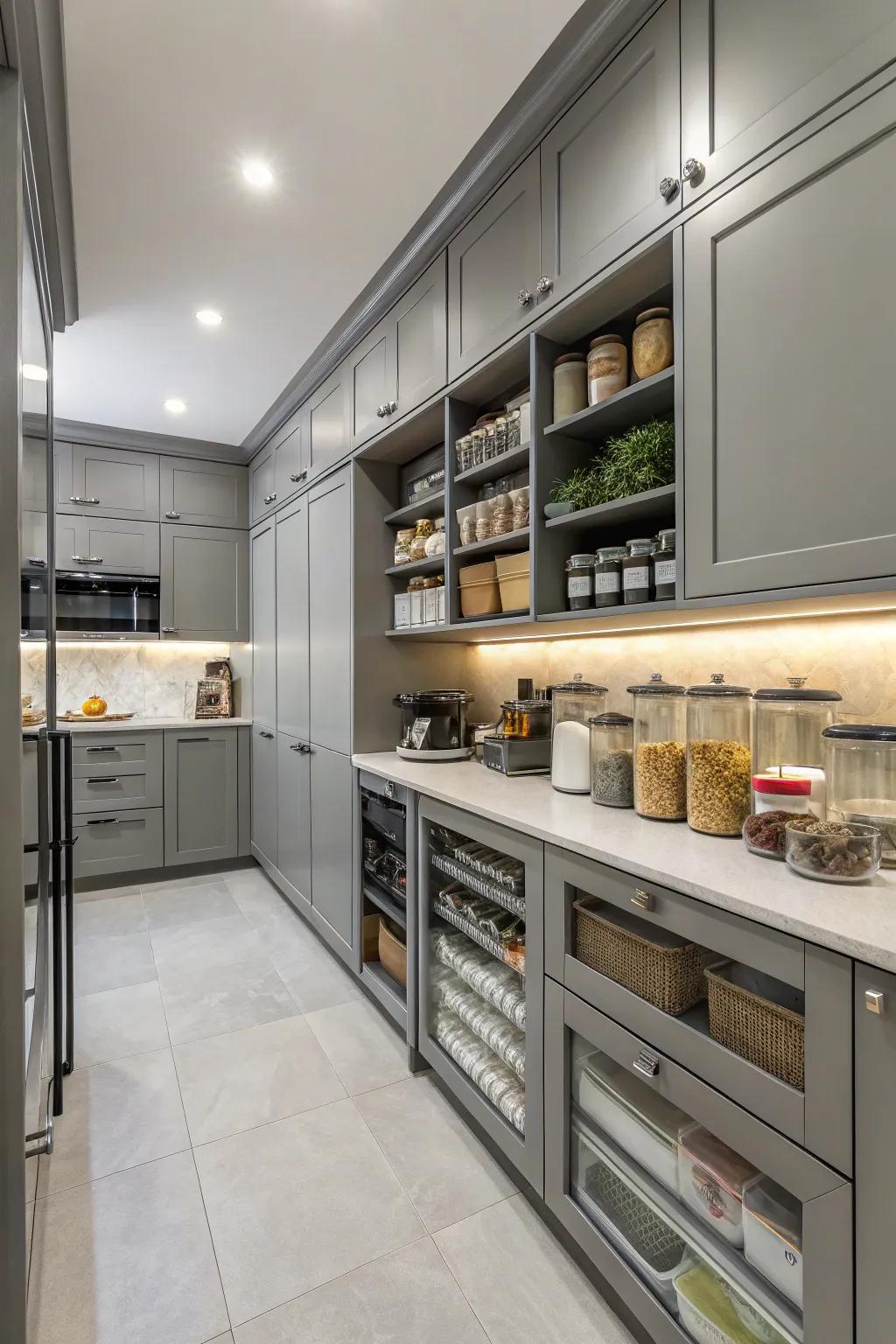 Useful layout retains a grey kitchen organized and effective.