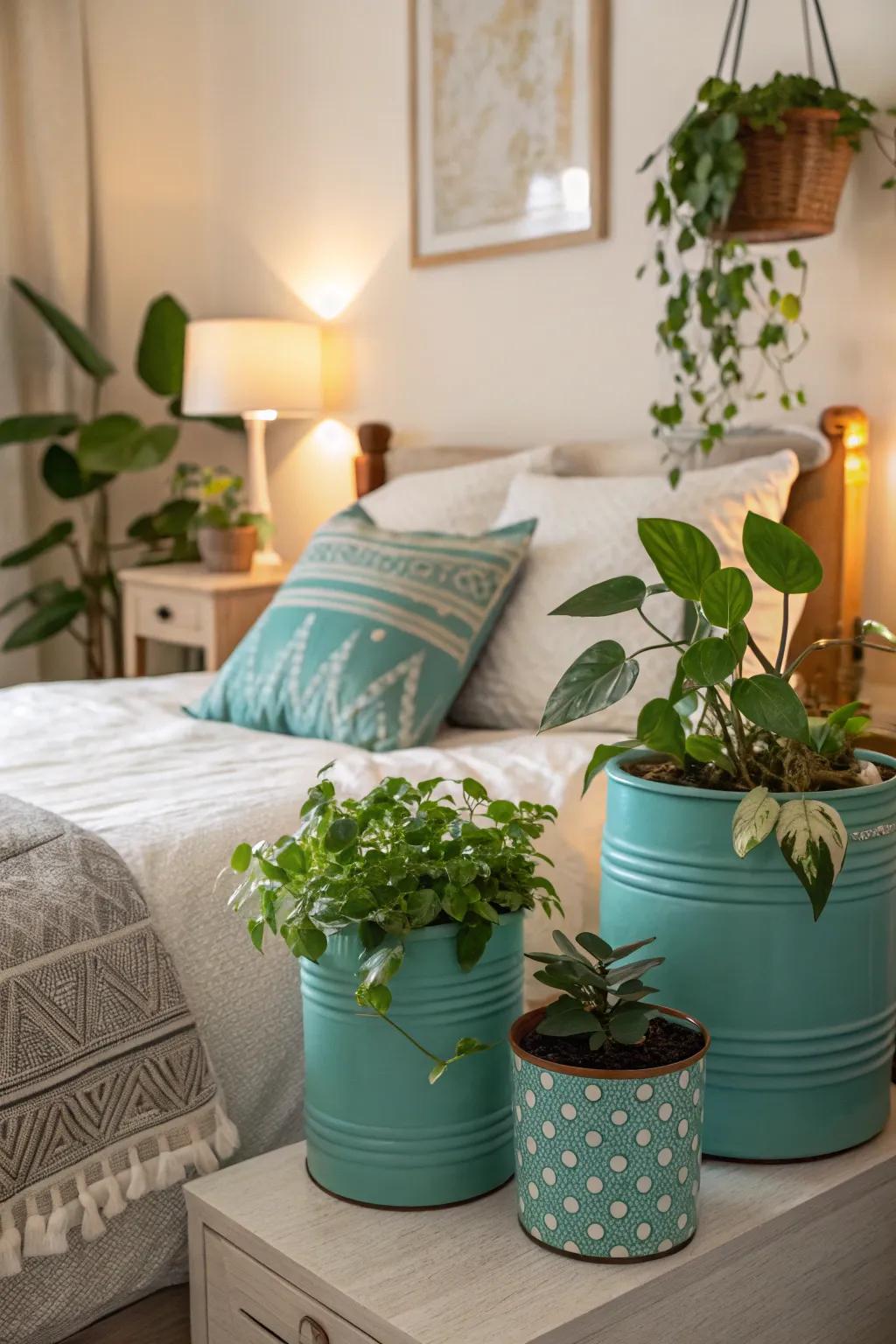 Sky breeze pots bring a lively touch to bedroom greenery.