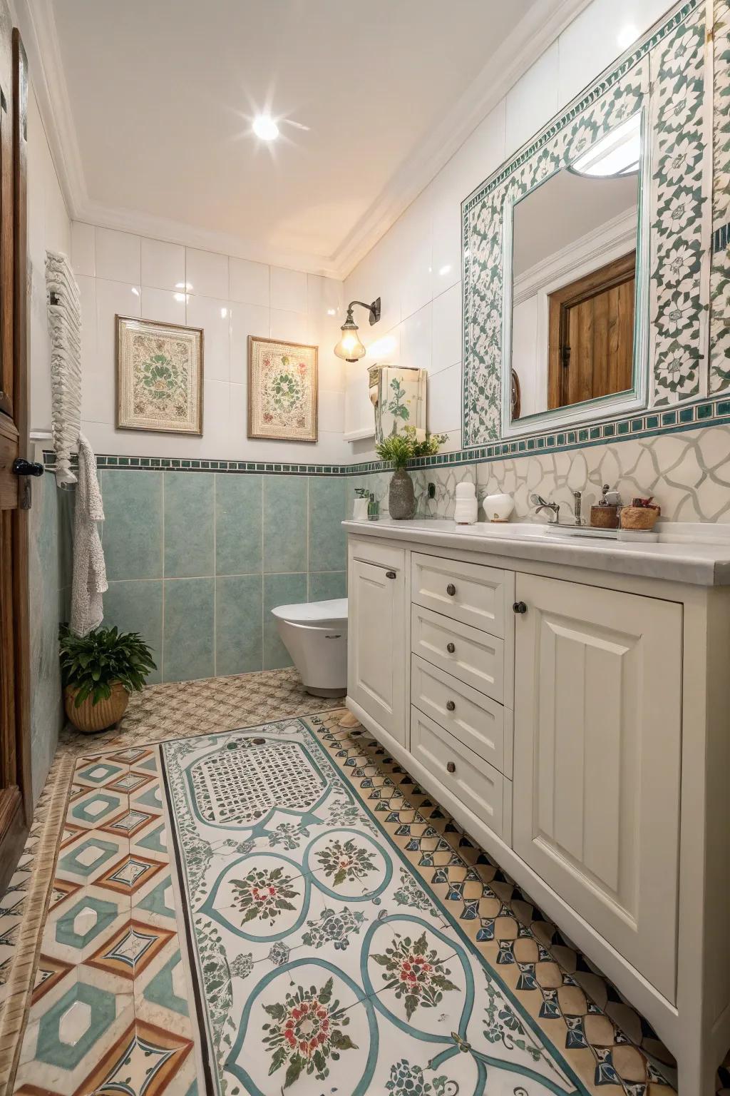 A guest bathroom featuring accent tiles with a patterned floor design.